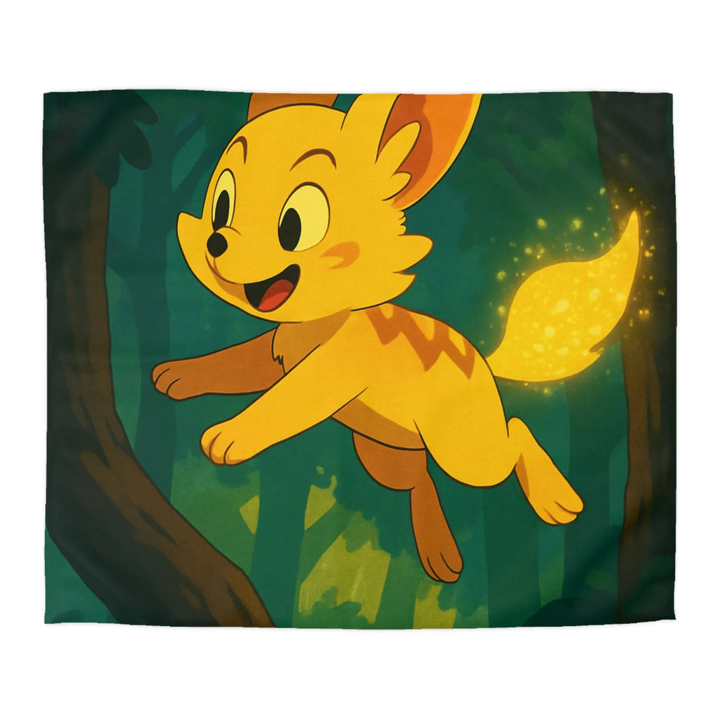 Housse de couette forêt féérique avec créature magique jaune sautant joyeusement à travers les arbres