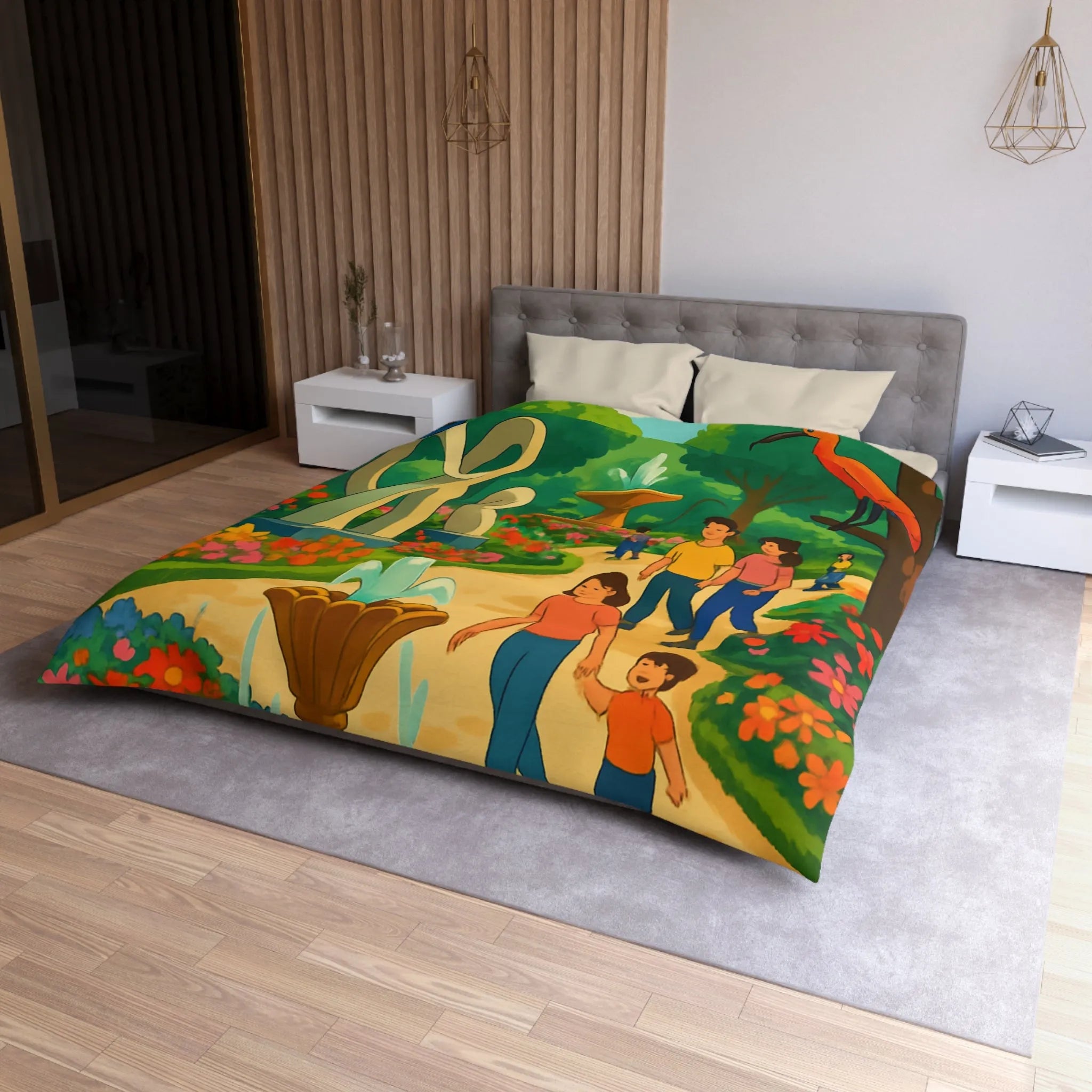 Housse de Couette Colorée Illustrant un Jardin avec Oiseaux et Familles en Promenade