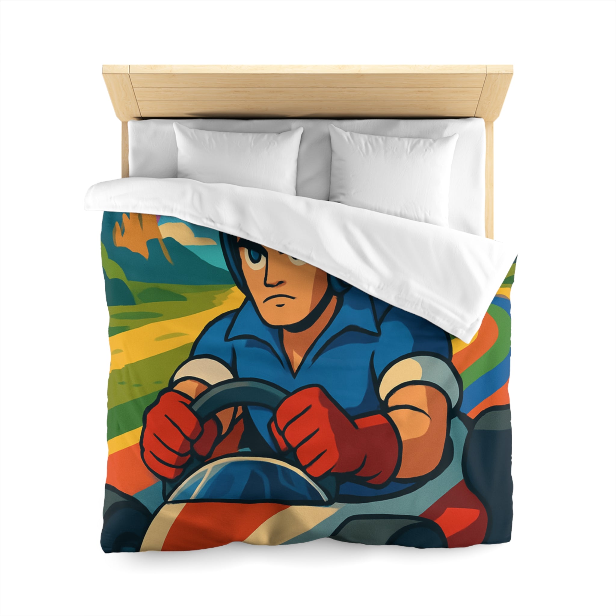 Housse de couette rétro colorée avec pilote de karting sous un arc-en-ciel vibrant