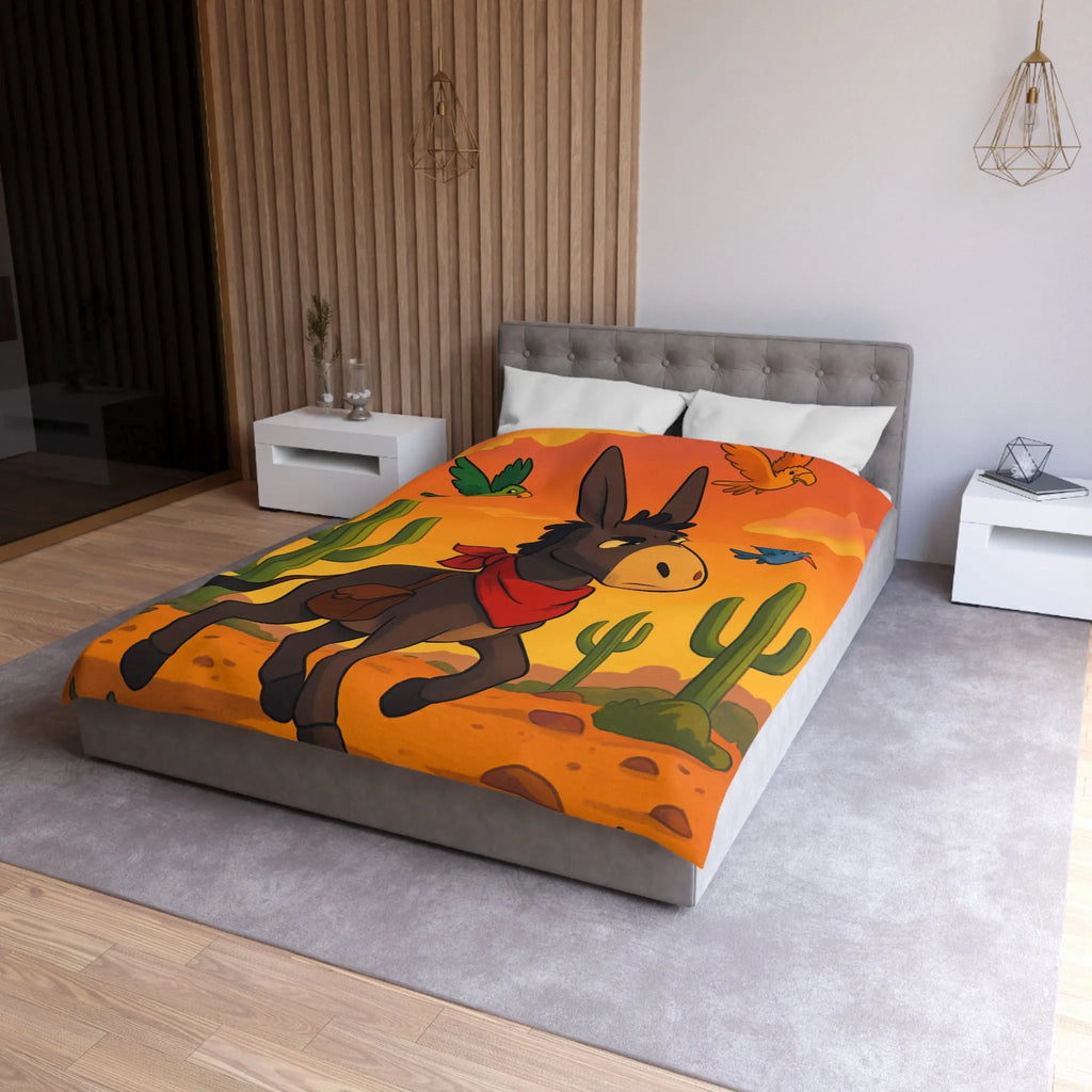 Housse de couette avec âne mignon et oiseaux colorés en désert animé