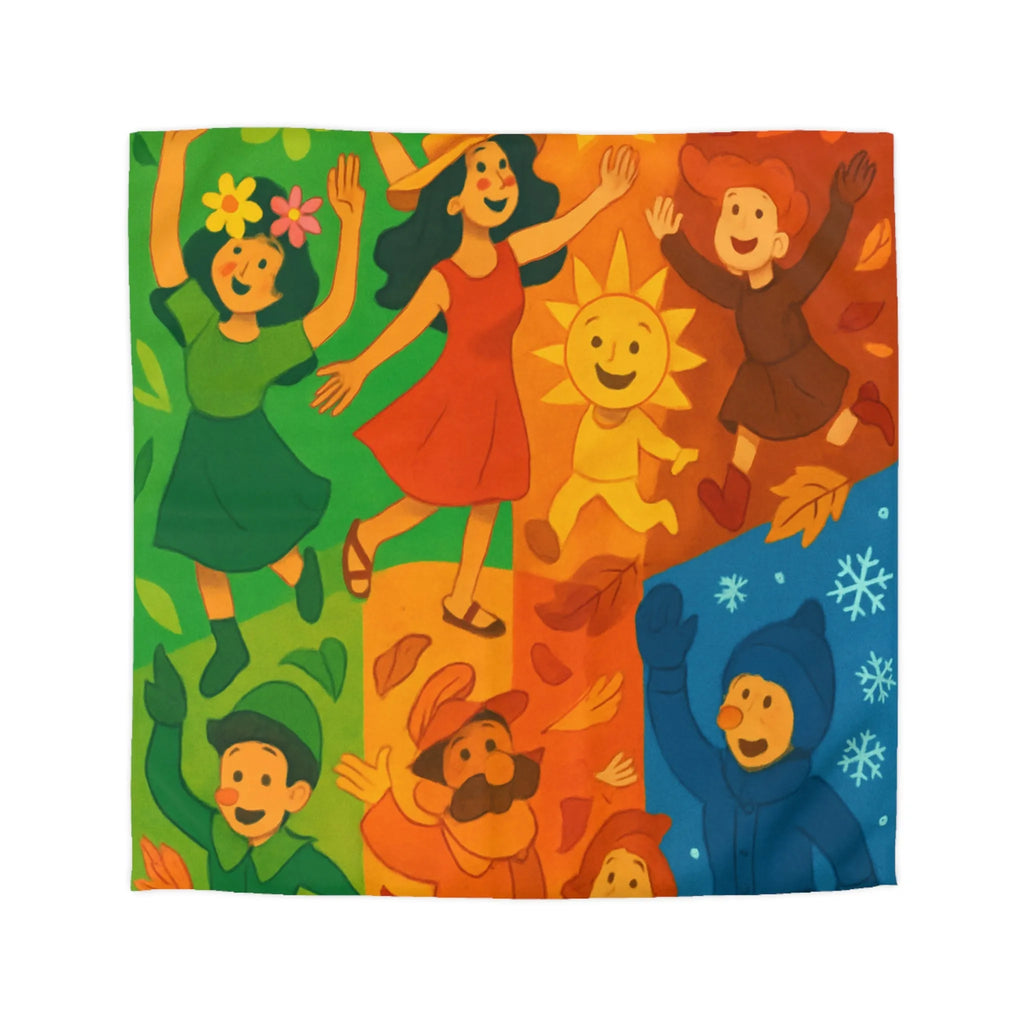 Housse de couette colorée illustrant les quatre saisons avec personnages joyeux et motifs vibrants