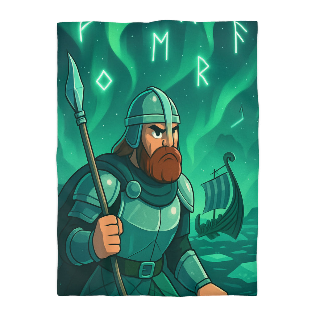 Housse de Couette Viking Vert Émeraude avec Guerrier et Aurores Boréales pour Chambre