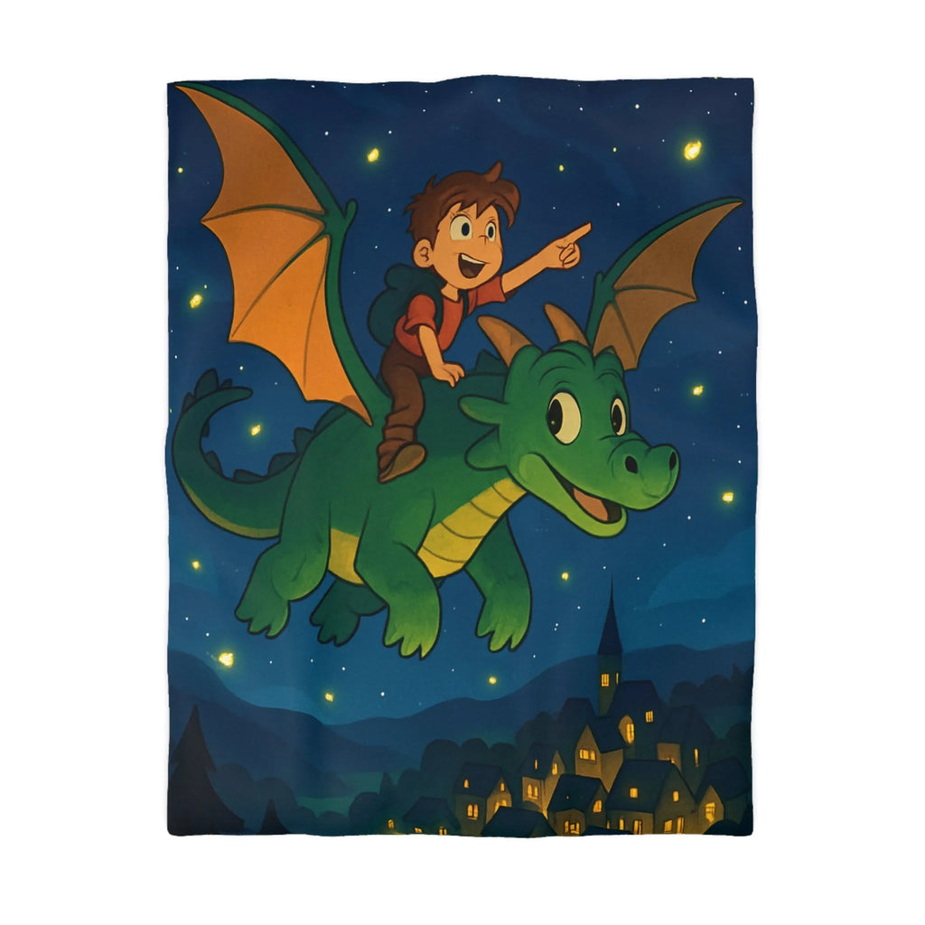 Housse de couette magique avec dragon et enfant volant dans un ciel étoilé