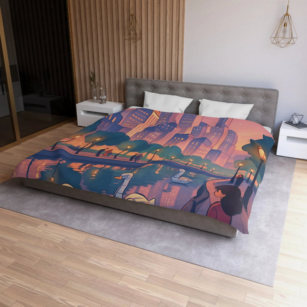Housse de couette illustrée avec cygnes et skyline urbaine au coucher du soleil