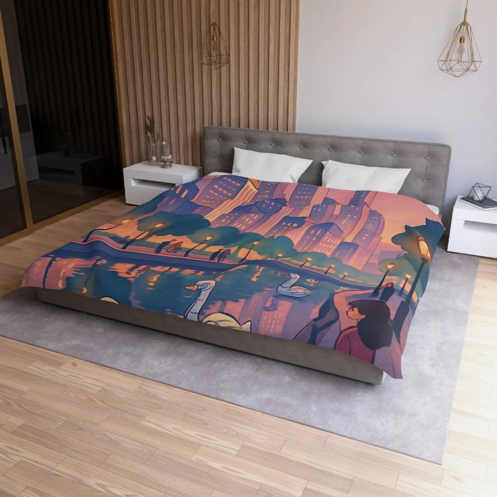 Housse de couette illustrée avec cygnes et skyline urbaine au coucher du soleil