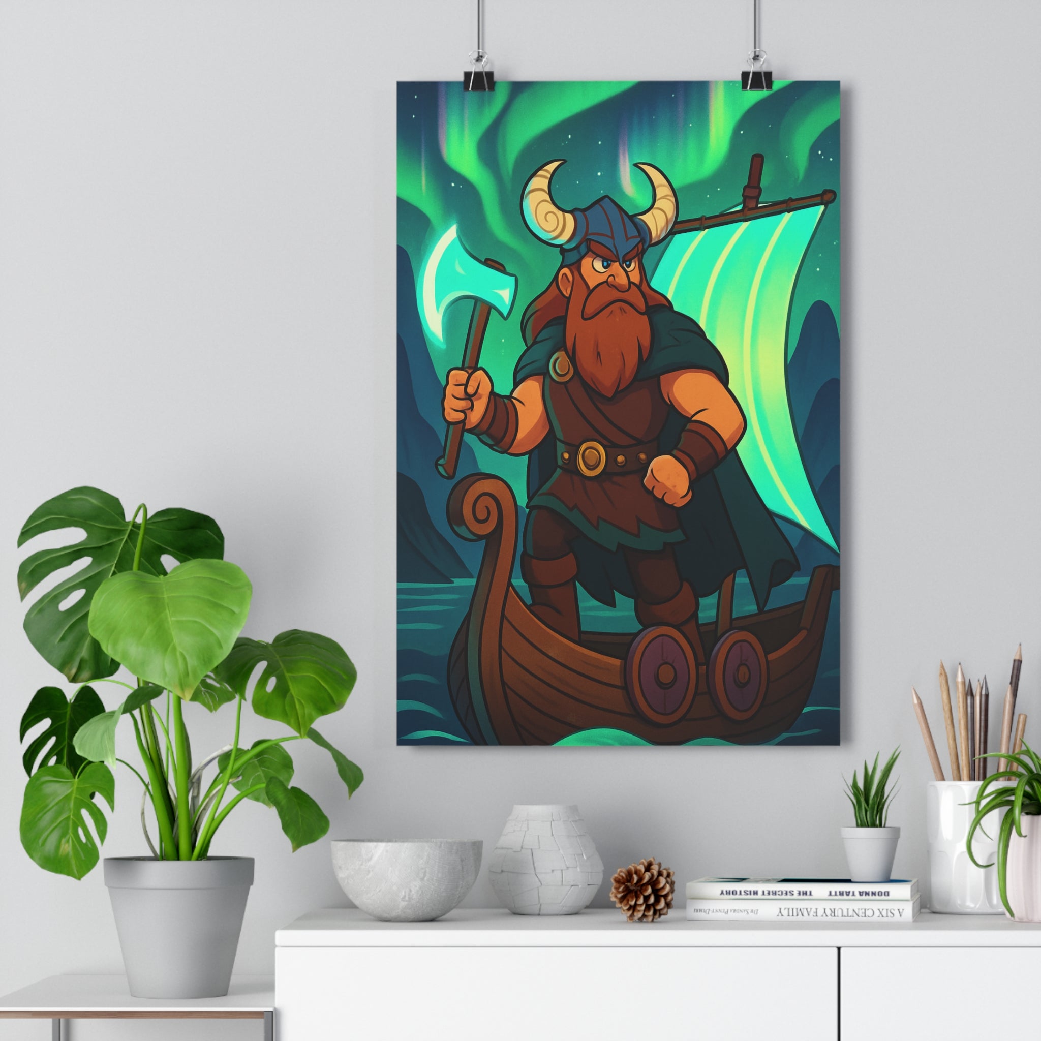 Poster décoratif viking épique cartoon aurores boréales vertes aventure mystique chambre bureau 30x46 qualité