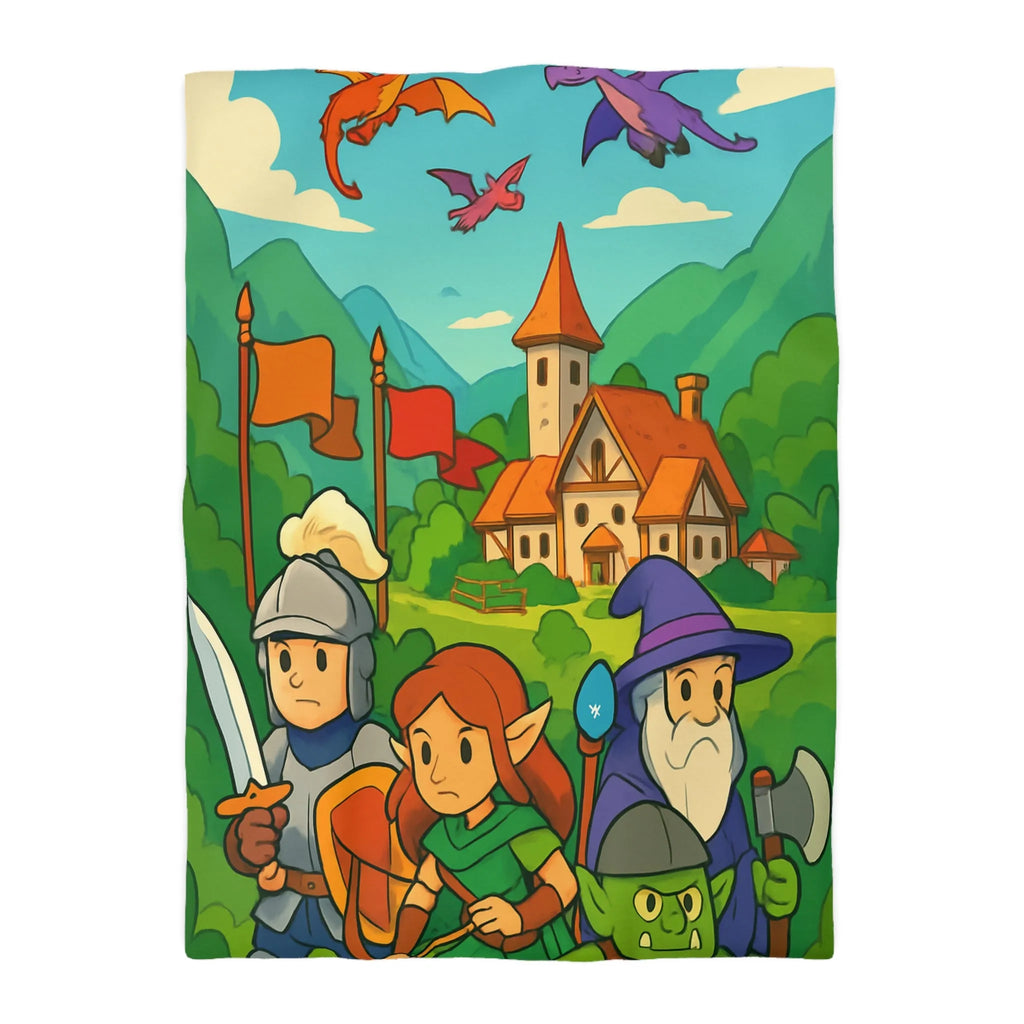 Housse de couette aventure médiévale avec dragons, chevalier, elfe, sorcier et troll