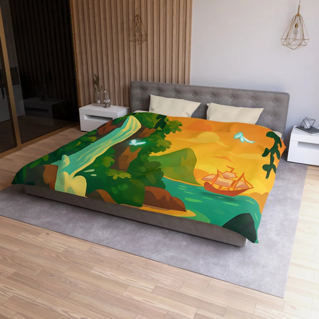 Housse de couette exotique avec cascade, papillons lumineux et bateau au coucher du soleil