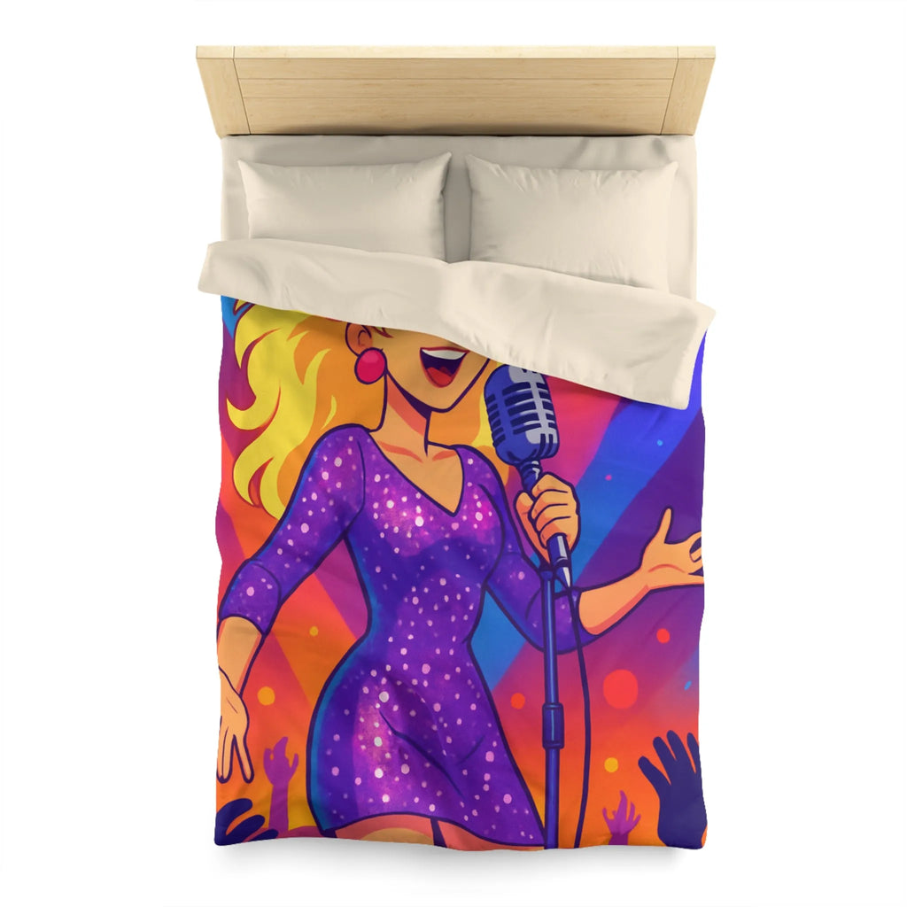 Housse de couette colorée avec chanteuse animée sous projecteurs en scène dynamique