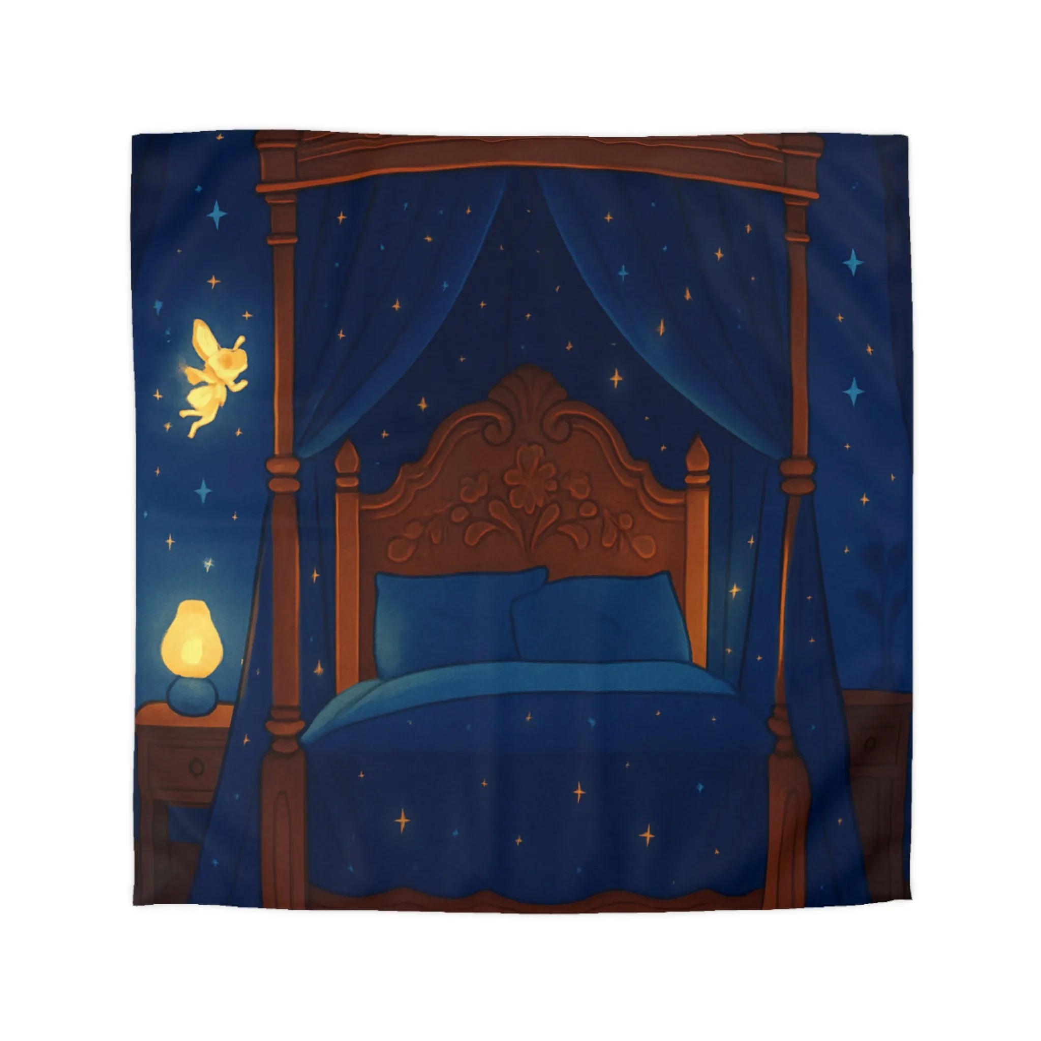 Housse de couette bleue étoilée avec fées et chat endormi, ambiance féérique