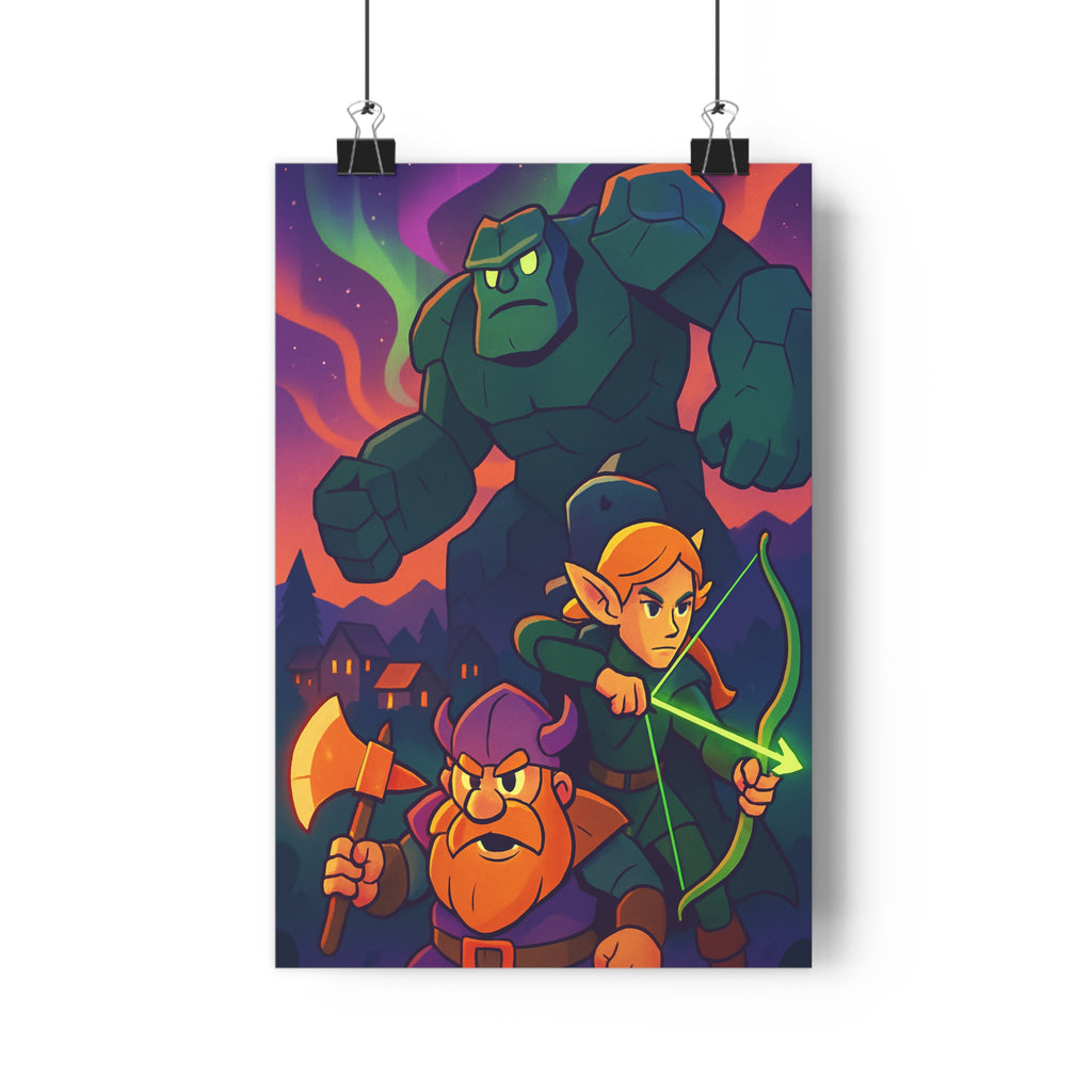 Poster décoratif fantastique vert orange violet cartoon aventure chambre enfant magique guerrier elfe géant