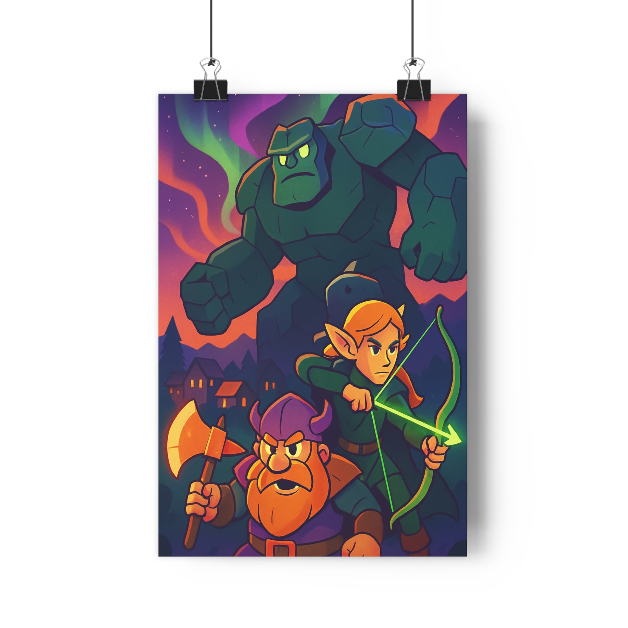 Poster décoratif fantastique vert orange violet cartoon aventure chambre enfant magique guerrier elfe géant