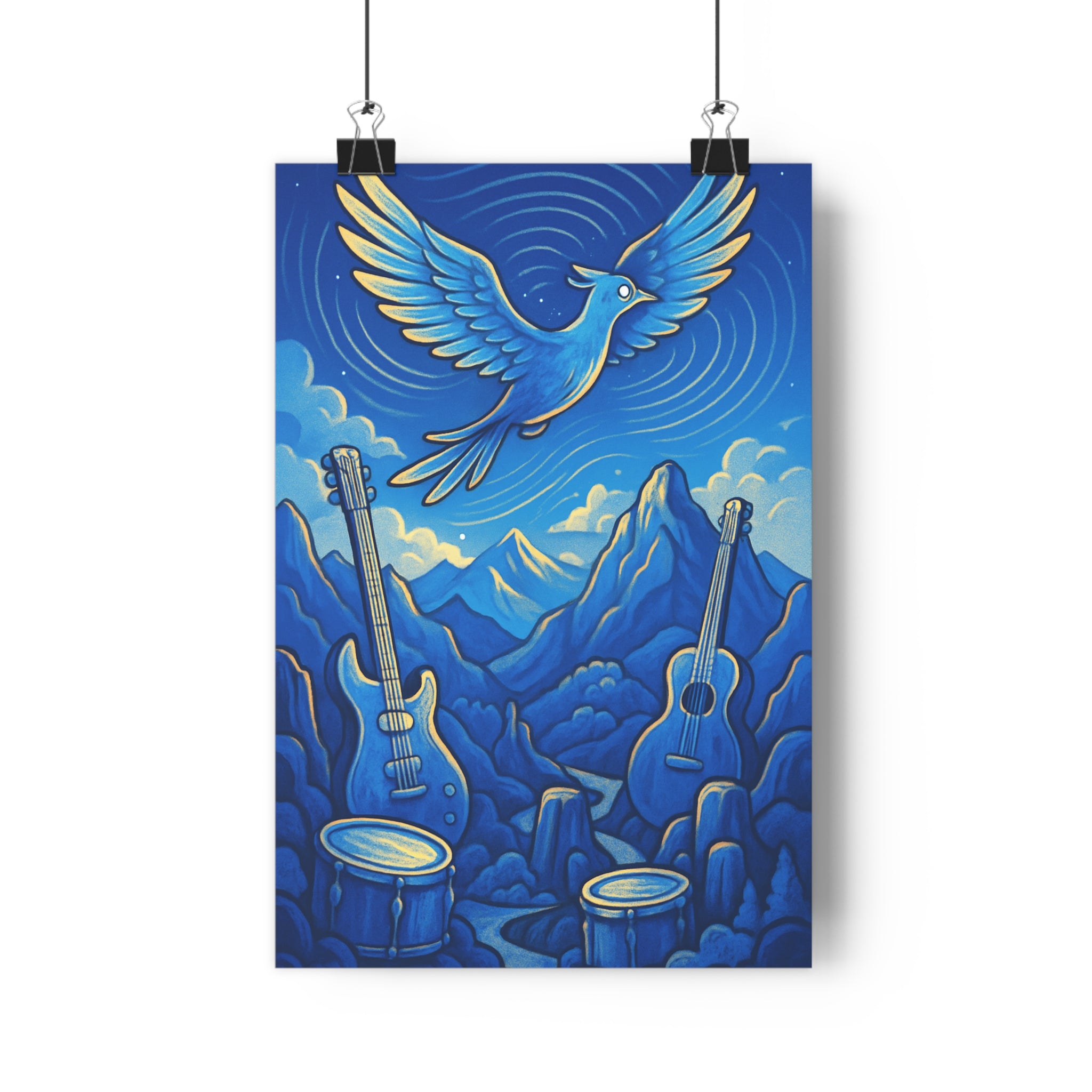 Poster décoratif paysage onirique bleu jaune salon musique rêve tranquillité vintage artistique élégant qualité