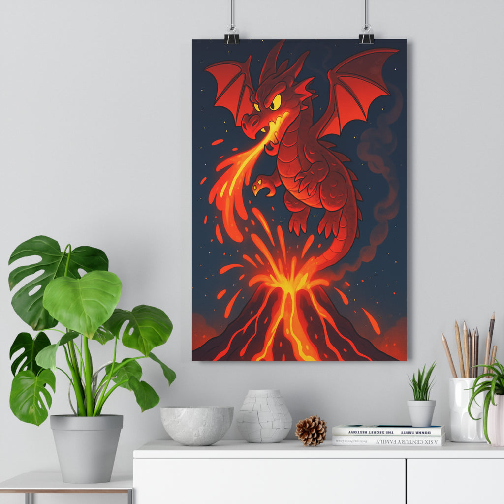 Poster décoratif dragon rouge cartoon volcan feu chambre enfant intense dynamique ambiance magique art