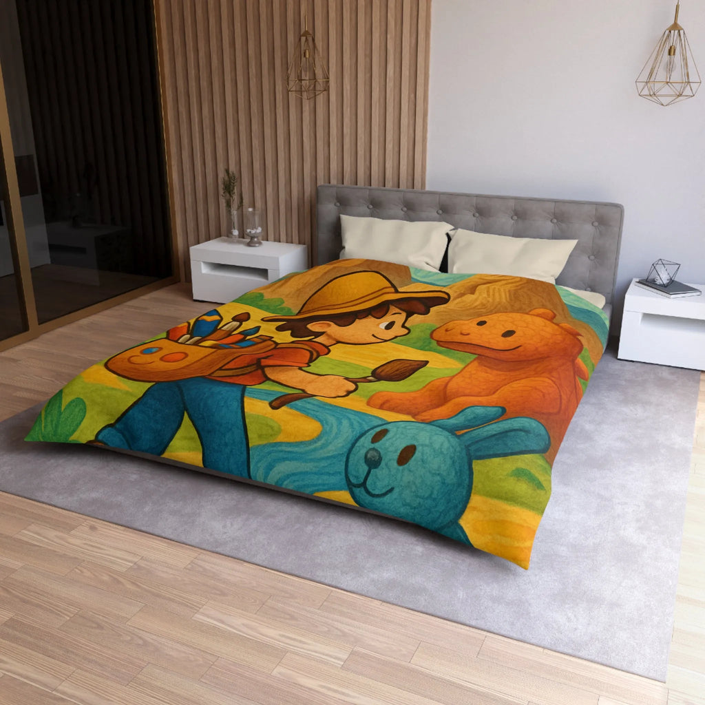 Housse de couette enfant joyeuse avec animaux et paysage coloré en peinture amusante