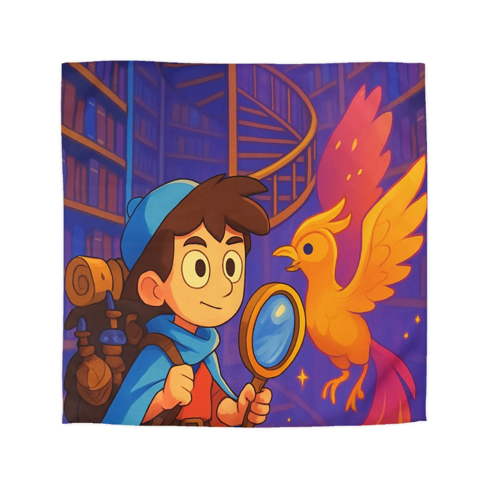 Housse de couette magique avec détective et phénix dans une bibliothèque enchanteresse