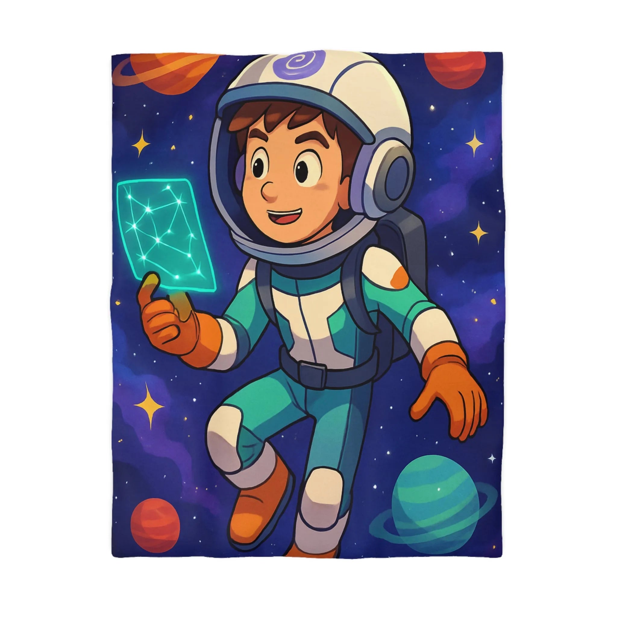 Enfant Astronaute Talentueux Explorant L'espace Coloré avec Carte de Connectivité Virtuelle