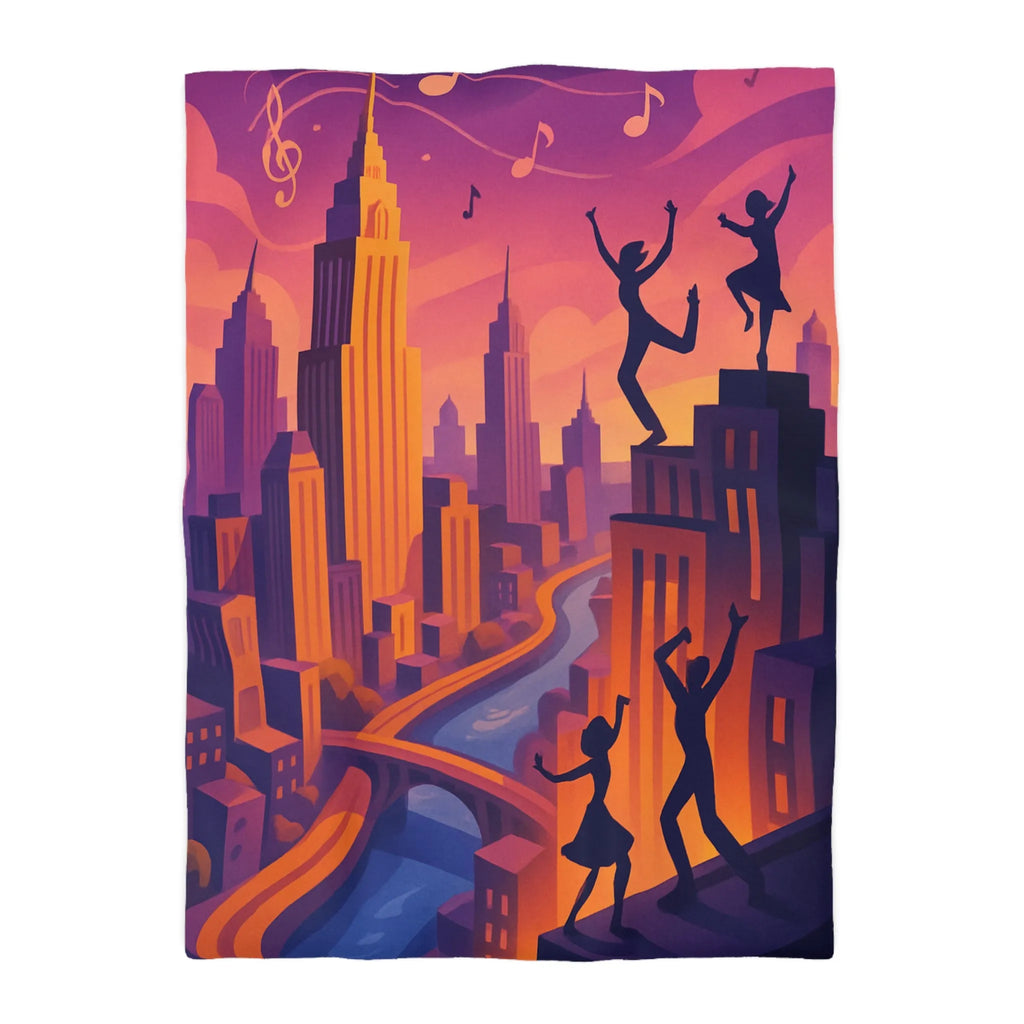 Housse de Couette avec Danseurs et Ville au Coucher de Soleil, Tonalités Vibrantes
