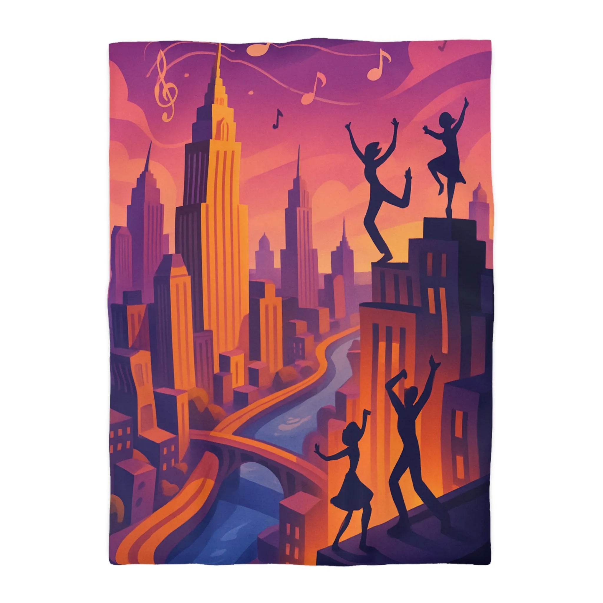 Housse de Couette avec Danseurs et Ville au Coucher de Soleil, Tonalités Vibrantes