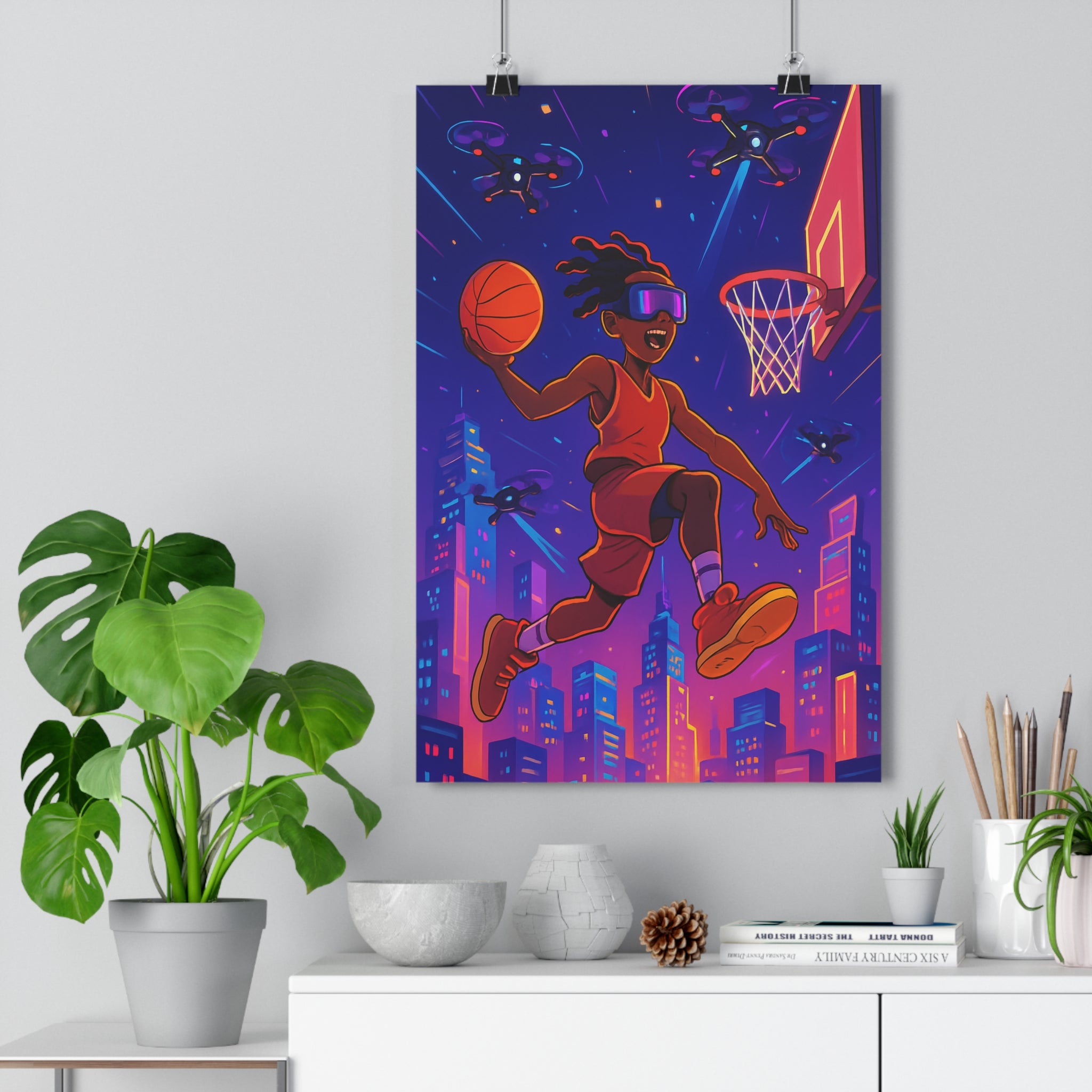 Poster décoratif violet orange cyberpunk dynamique chambre jeu art moderne vibrant urbain futuriste basket