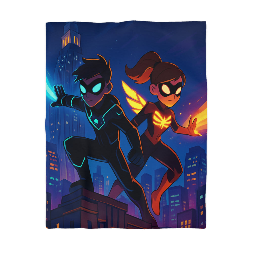 Housse de couette super-héros urbain : ambiance dynamique, couleurs vives, motifs modernes et audacieux