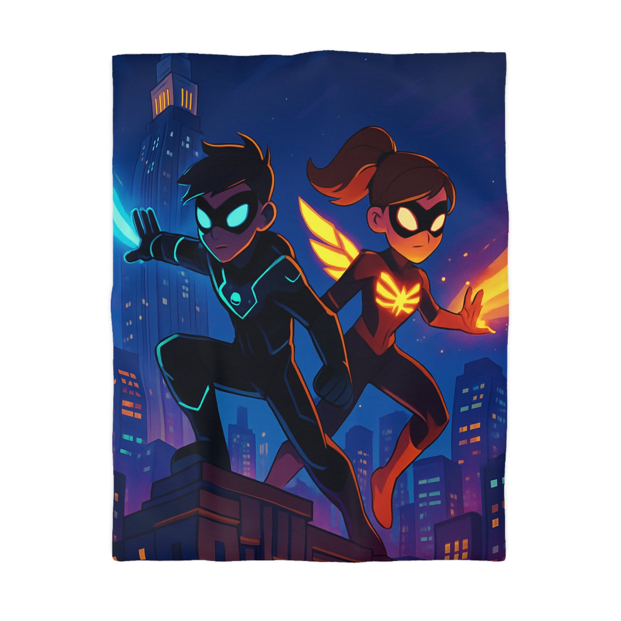 Housse de couette super-héros urbain : ambiance dynamique, couleurs vives, motifs modernes et audacieux