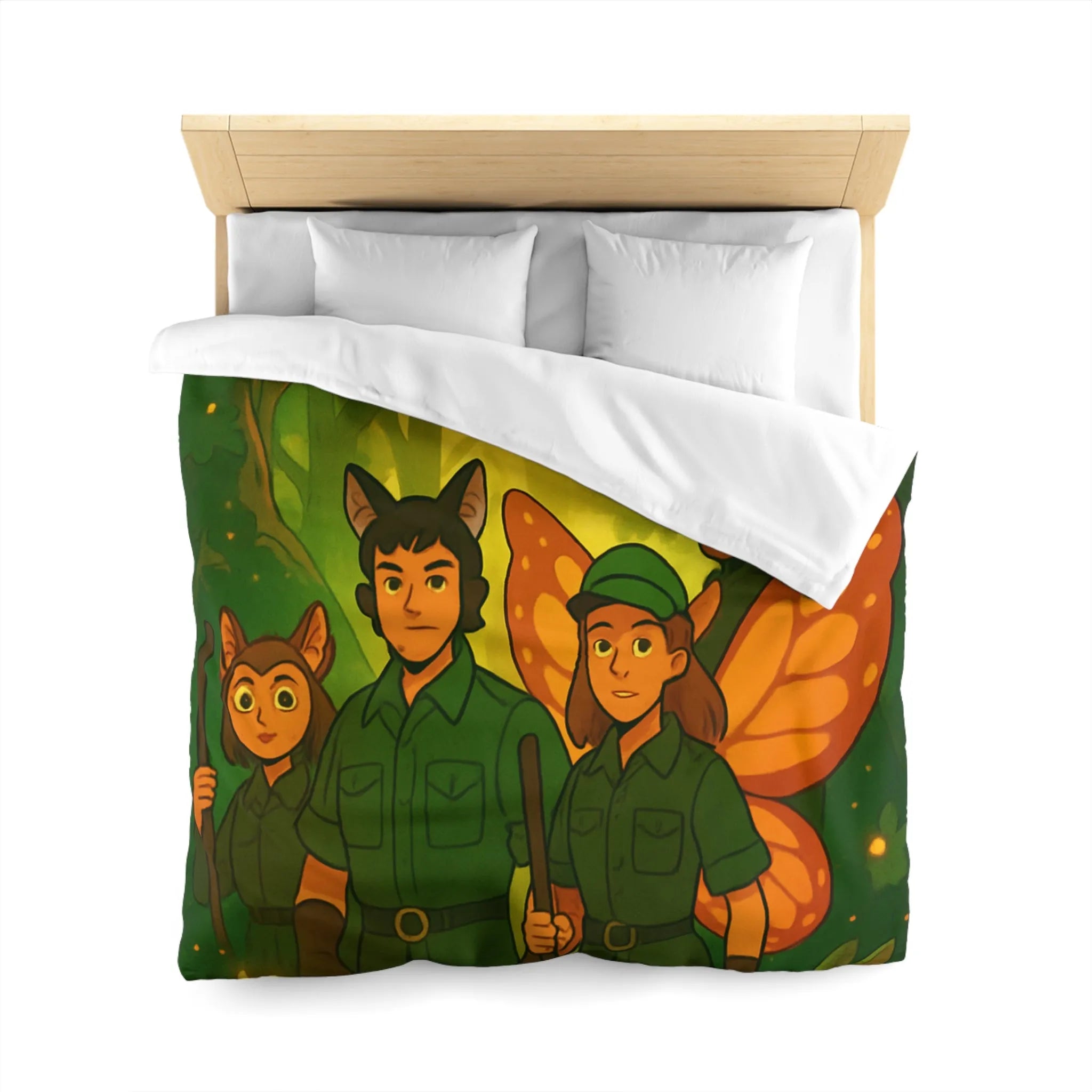 Housse de couette féerique avec gardiens de forêt, animaux magiques, ambiance verte et lumineuse