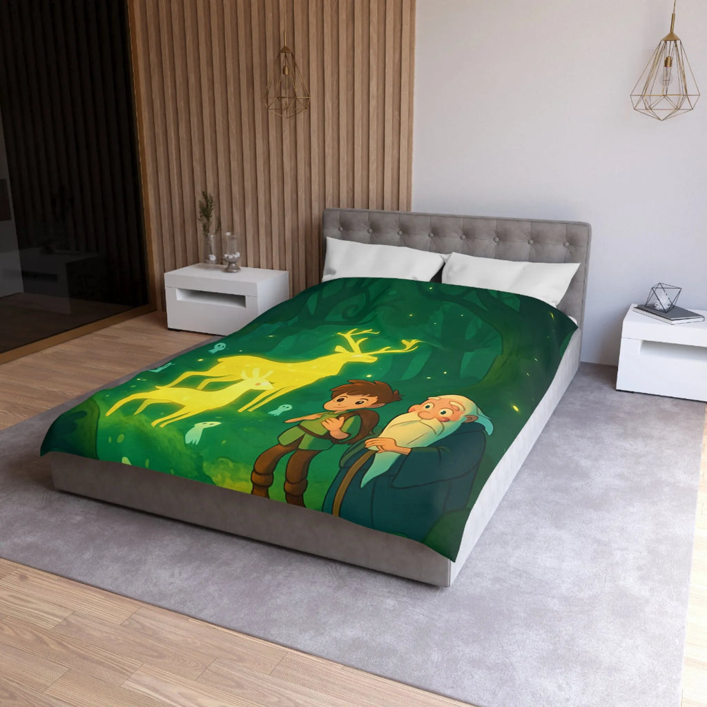 Housse de couette féerique avec cerfs lumineux et personnages dans une forêt enchantée