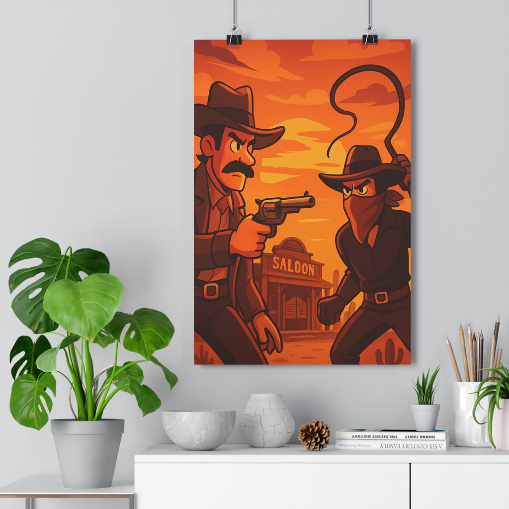 Poster décoratif cartoon western duel orange brun chambre enfant aventure classique ambiance 30x46 qualité