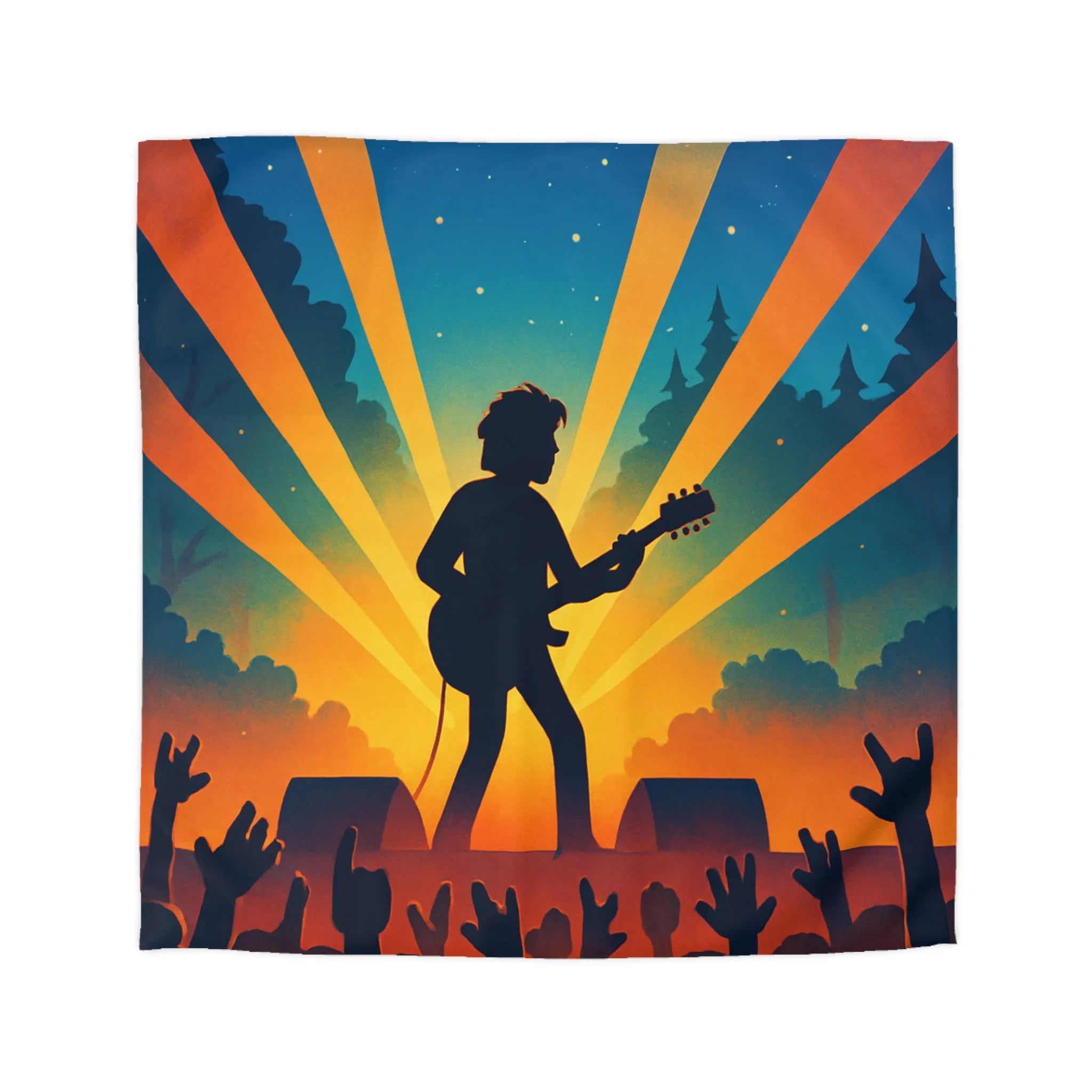 Housse de couette concert rock silhouette guitare ambiance nocturne festival forêt étoiles