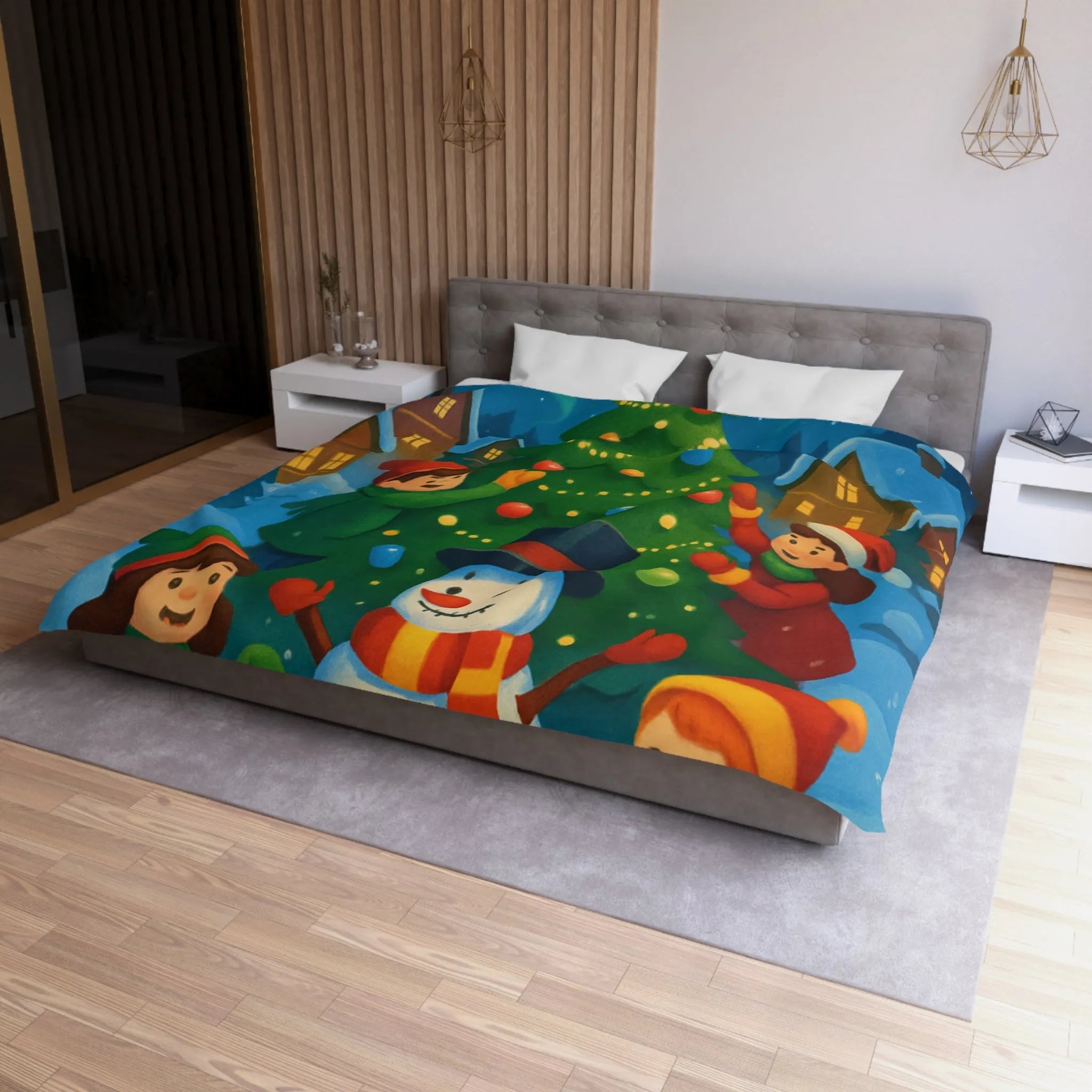 Housse de couette enfants scène festive avec bonhomme de neige et aurore boréale lumineuse