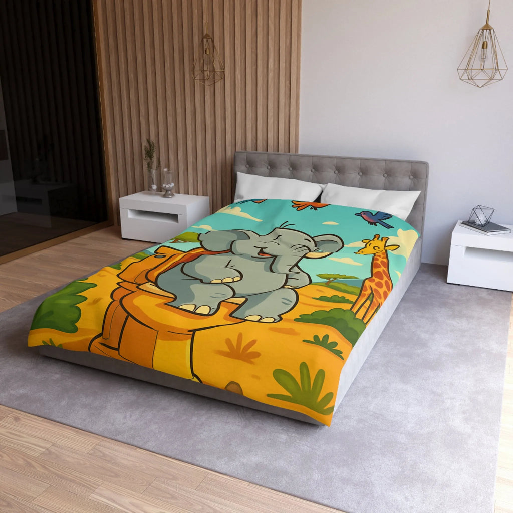 Housse de couette joyeuse éléphant sur toilettes en pleine savane colorée