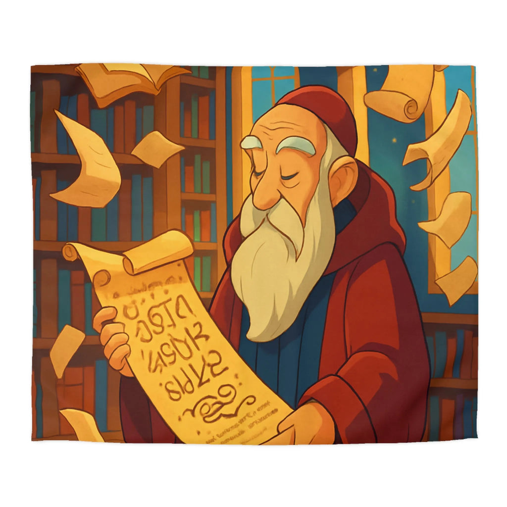 Housse de couette élégante avec design de bibliothèque, parchemins et sage en robe rouge