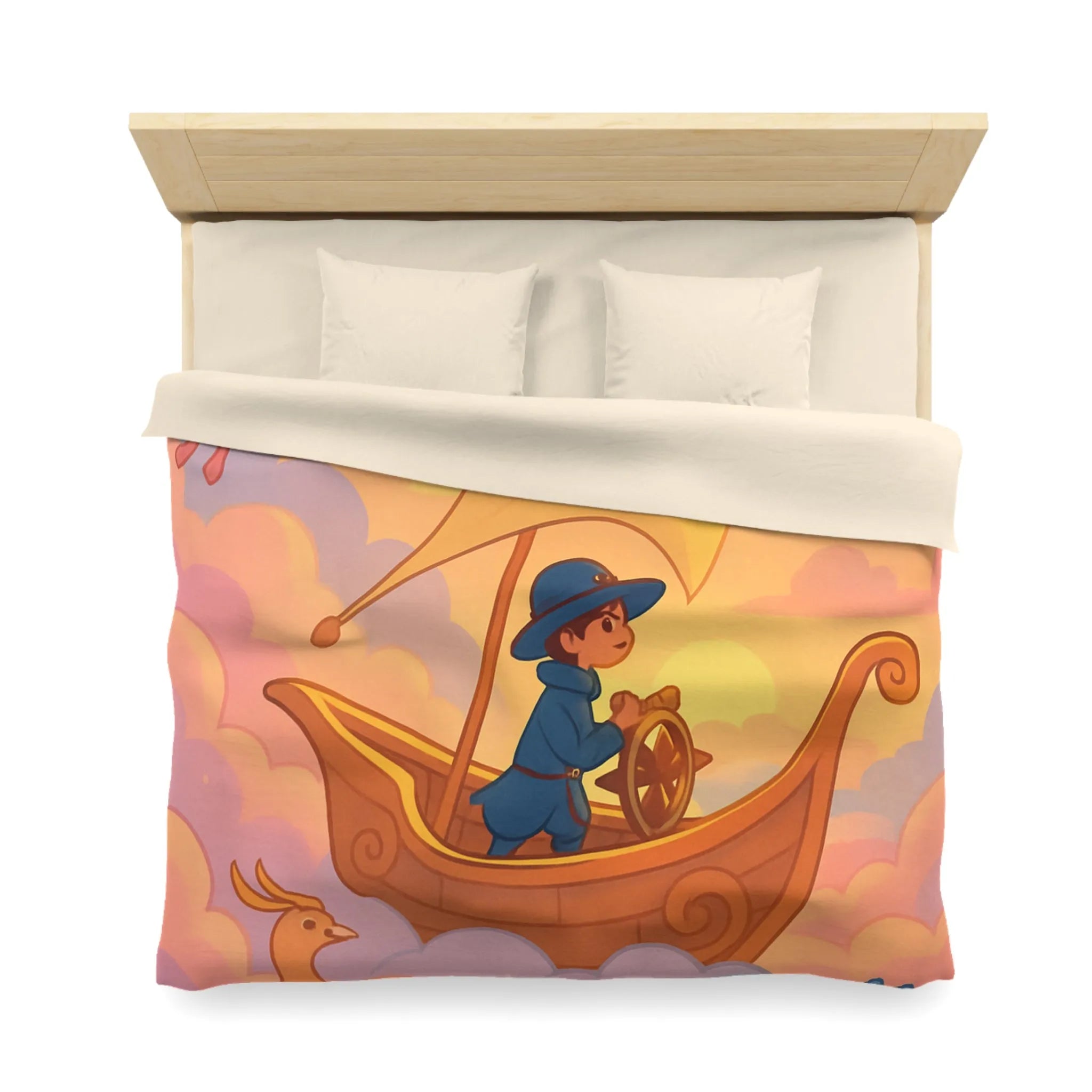 Housse de Couette Enchantée Avec Licorne et Bateau Volant Dans le Ciel Éthéré