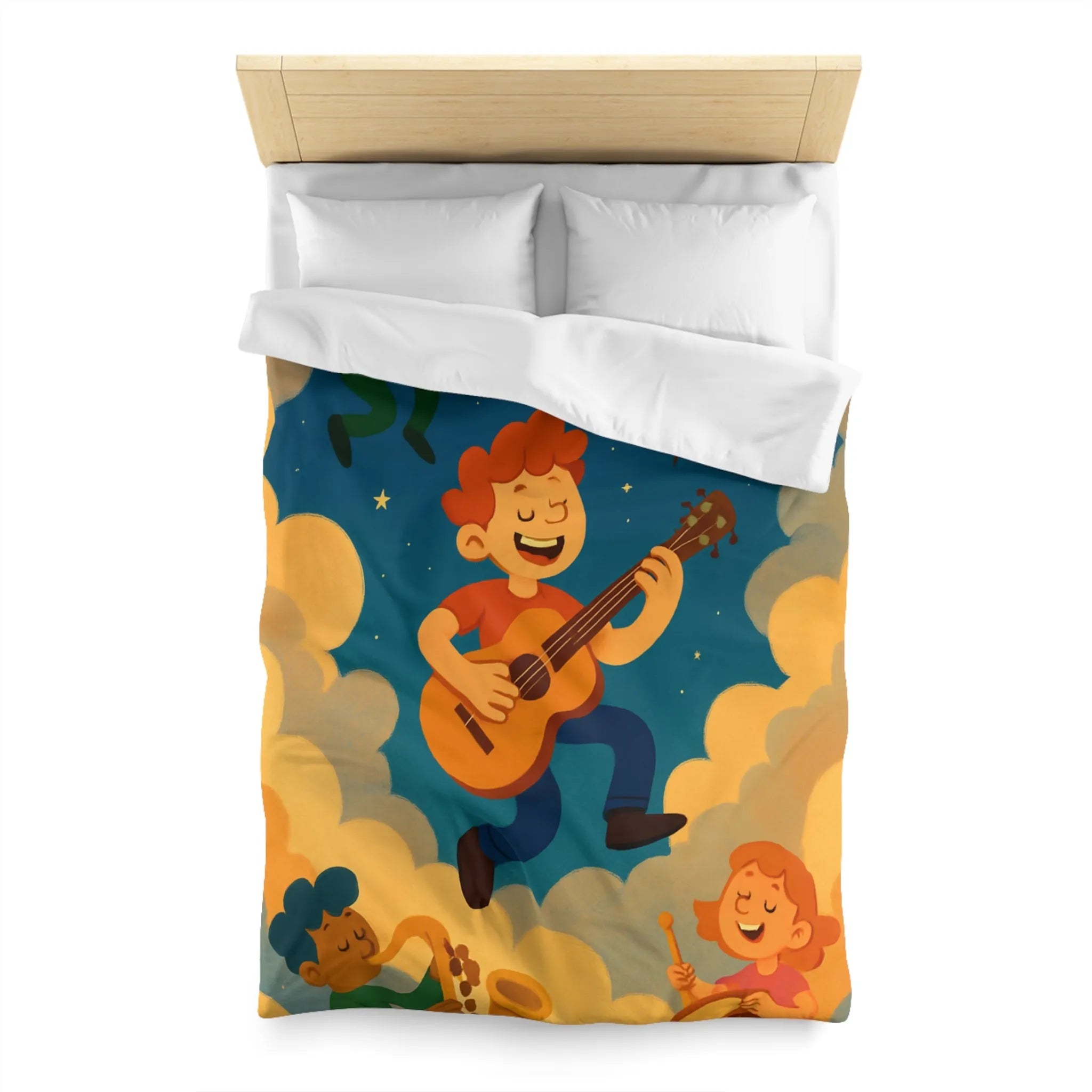 Housse de couette colorée avec musiciens joyeux flottant parmi les nuages étoilés
