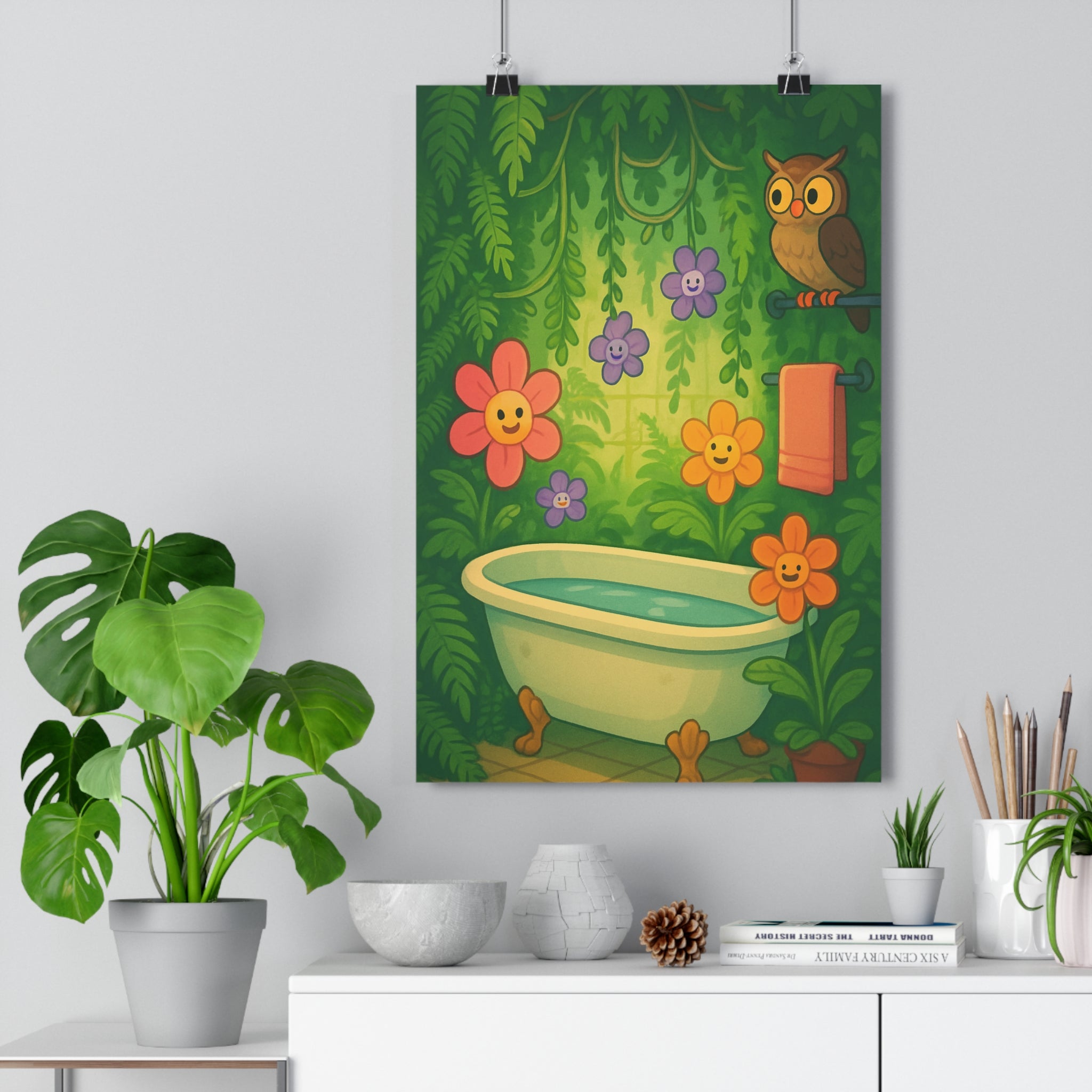 Poster décoratif botanique joyeux vert rose violet cartoon bain salle nature hibou ambiance qualité