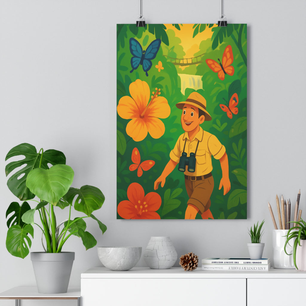 Poster décoratif jungle aventurier vert orange cartoon aventure chambre enfant joyeux vibrant nature artistique