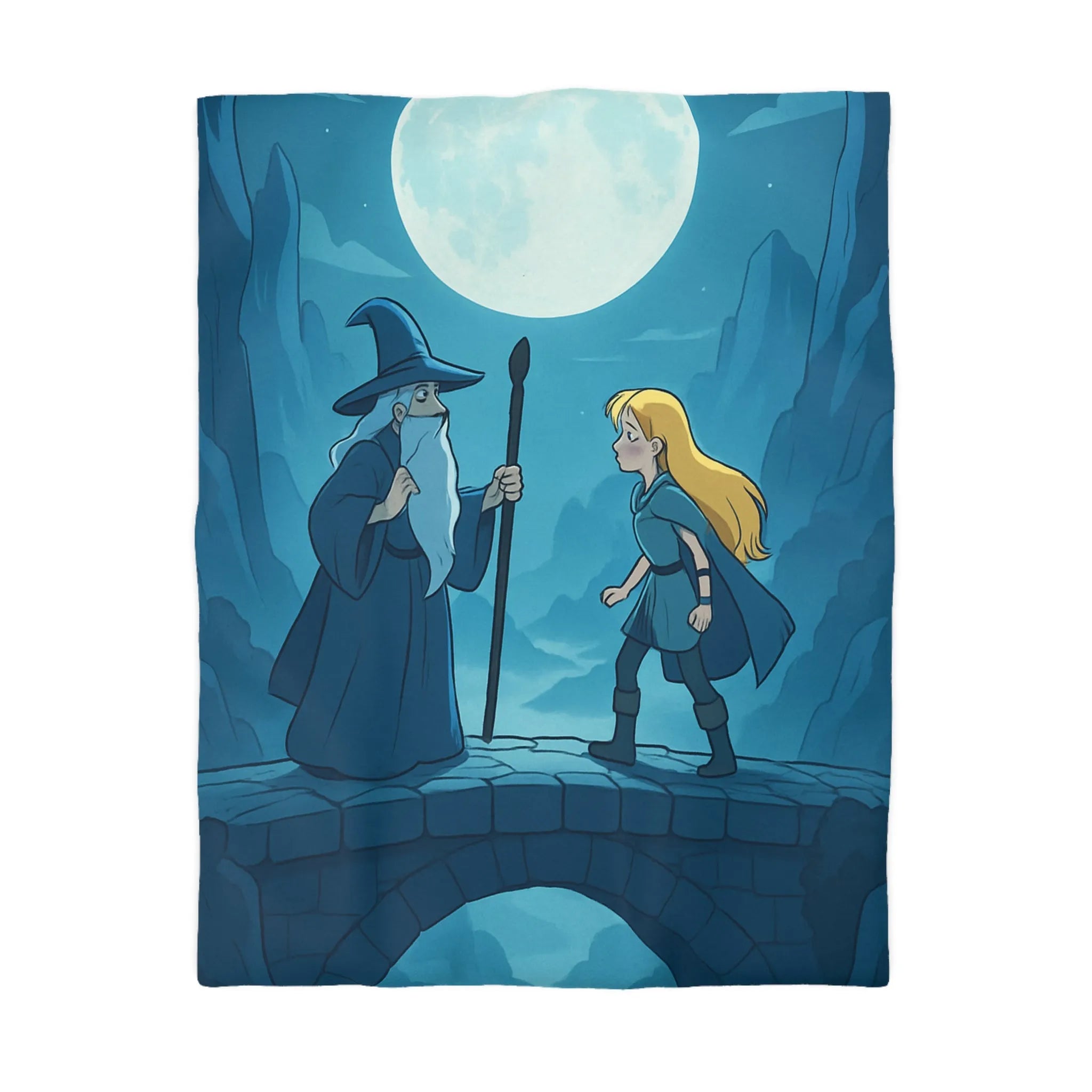 Housse de couette enchantée avec sorcier, lune et montagne pour ambiance mystique