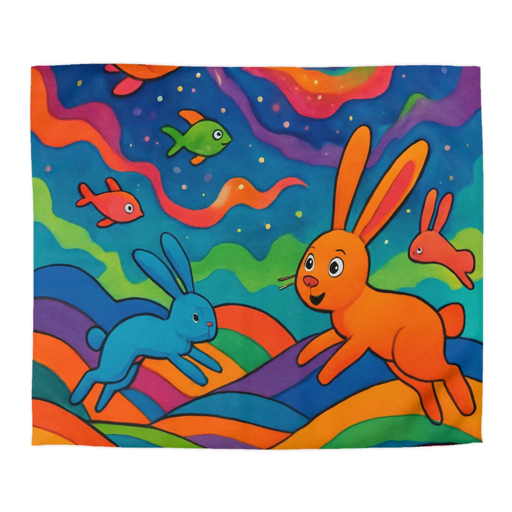 Housse de Couette Arc-en-Ciel avec Lapins et Poissons dans un Monde Imaginaire
