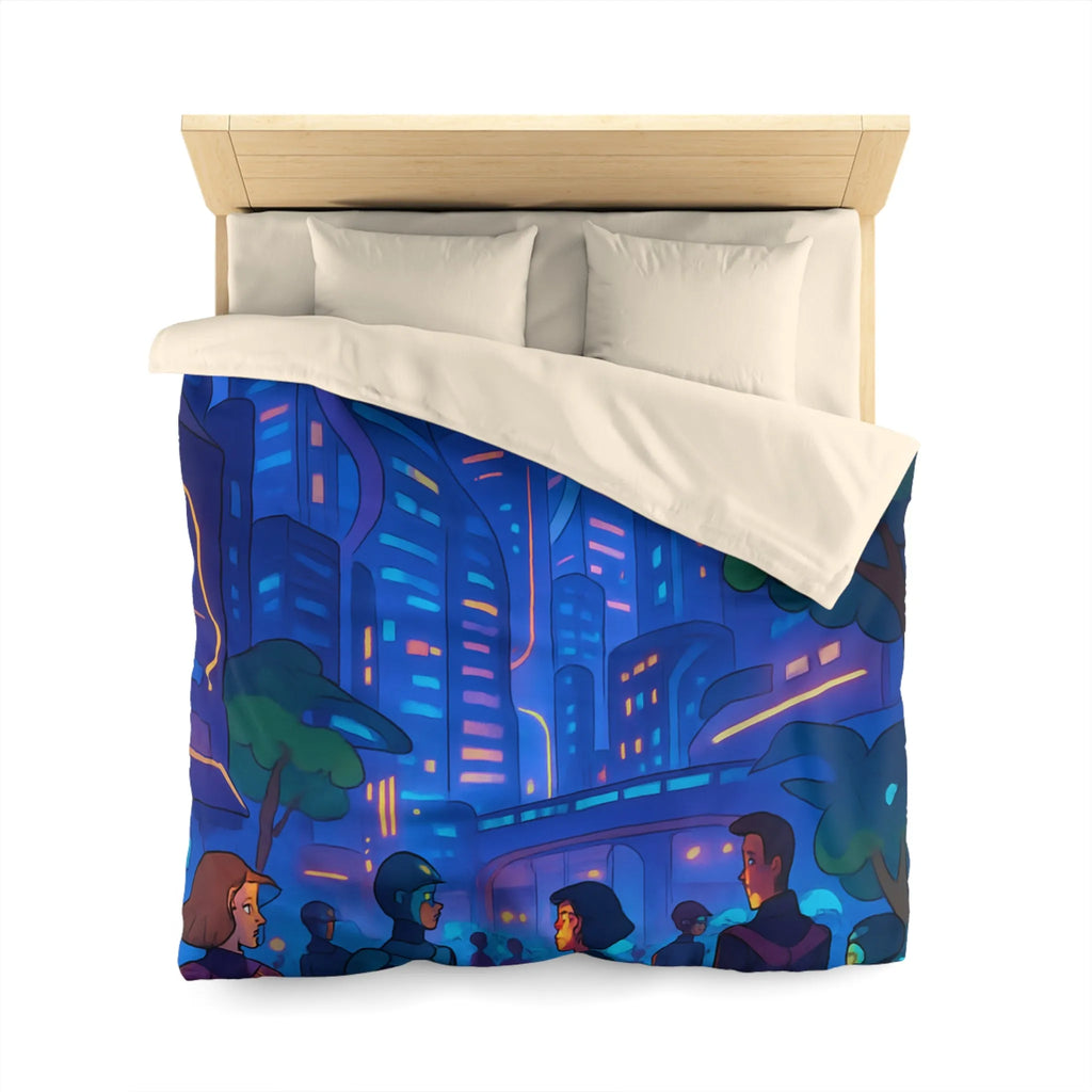 Housse de couette futuriste urbaine pour chambre moderne avec gratte-ciels illuminés la nuit