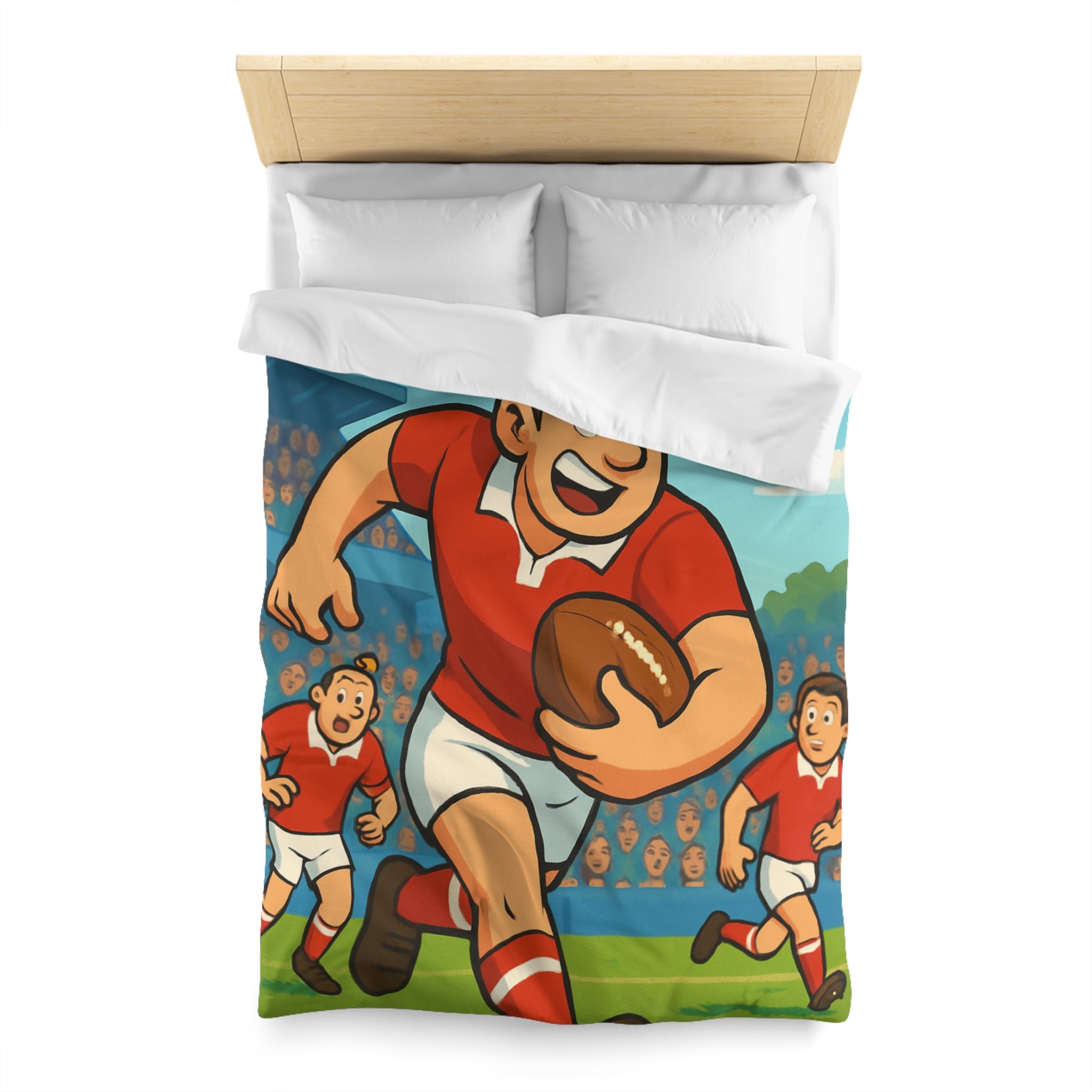 Housse de couette rugby dynamique en rouge et blanc pour chambre d'enfant sportive