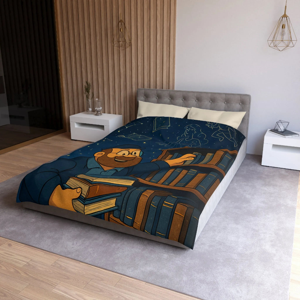 Housse de couette magique avec bibliothécaire sous ciel étoilé et livres animés