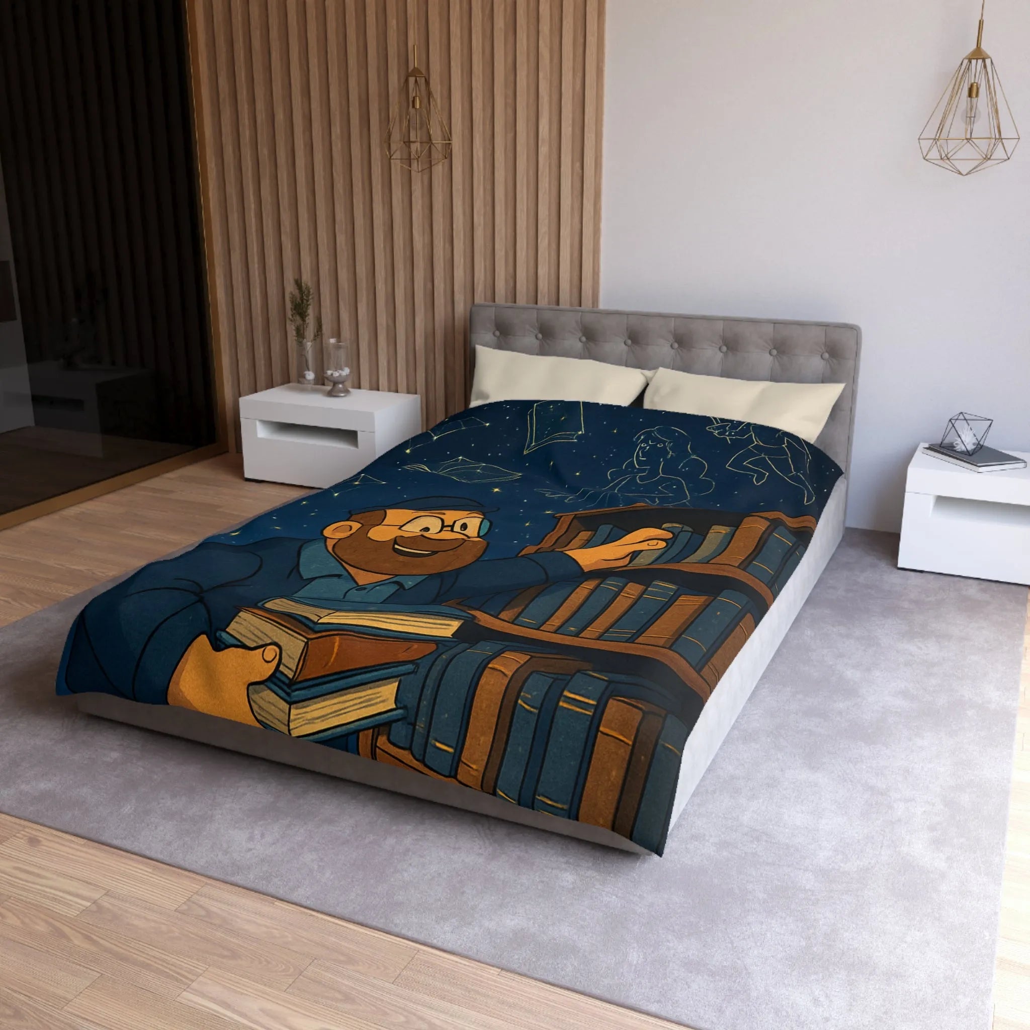 Housse de couette magique avec bibliothécaire sous ciel étoilé et livres animés