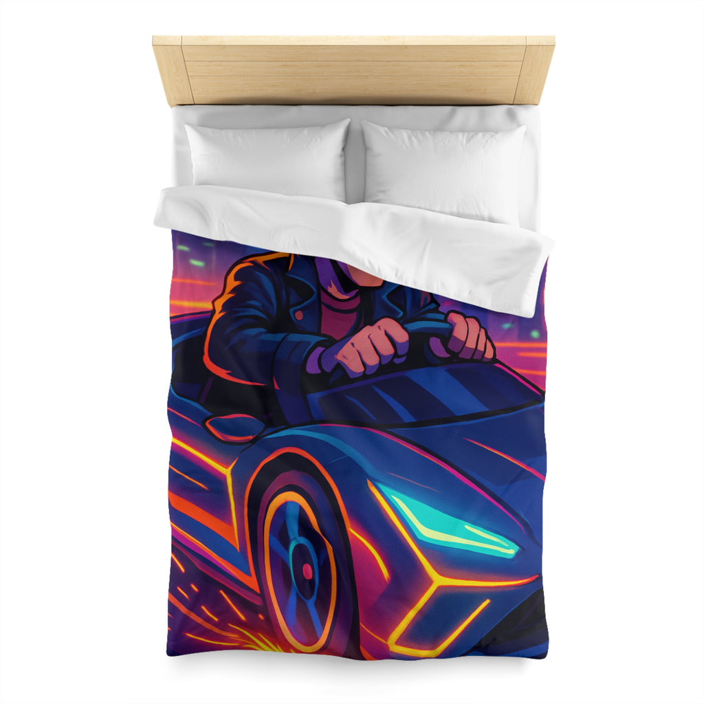 Housse de couette urbaine rétro futuriste avec néons et voiture sportive élégante