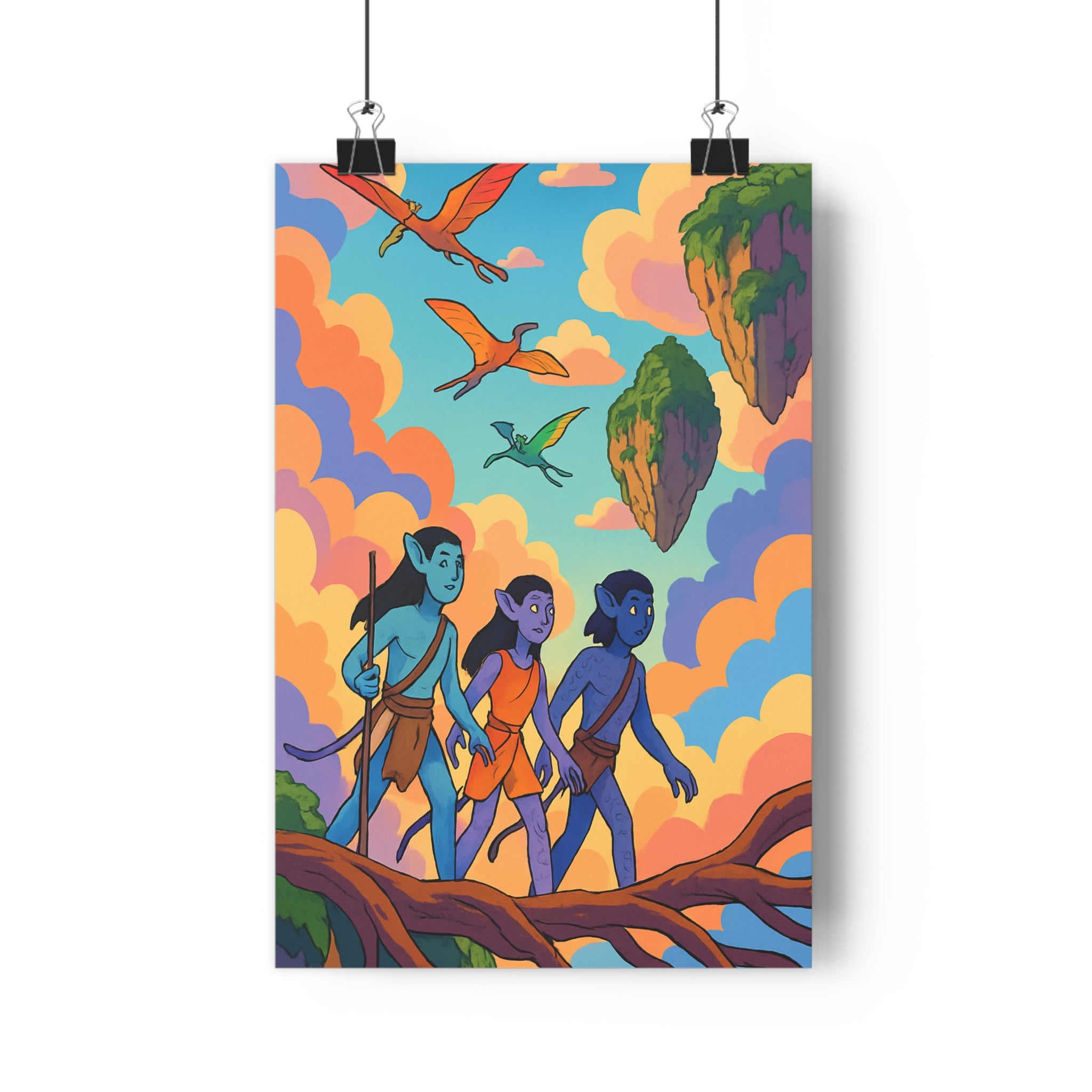 Poster décoratif anime aventure personnages bleus paysages flottants créatures volantes chambre magique vibrant ambiance