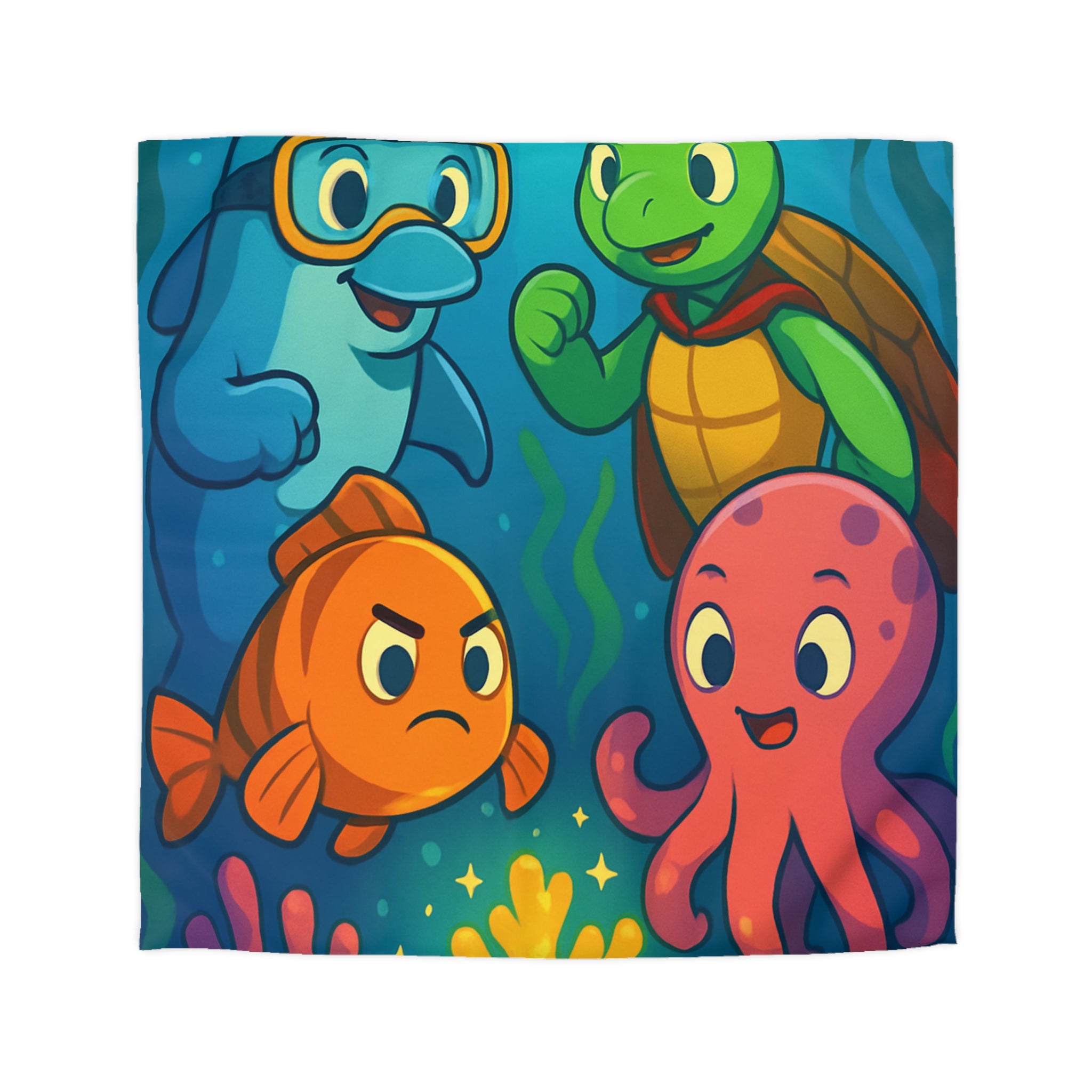 Housse de couette océan joyeux avec dauphin, tortue, poisson et pieuvre colorée