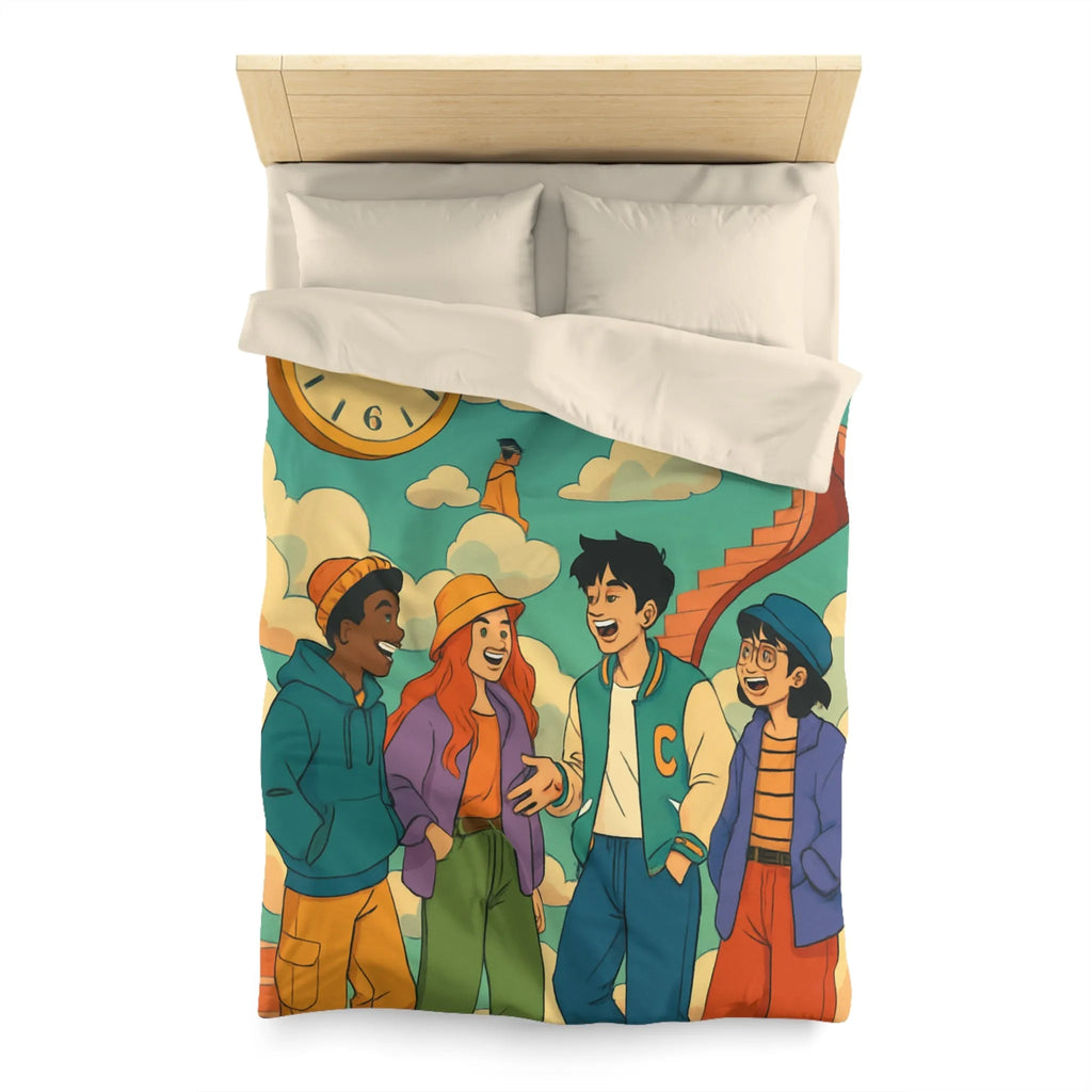 Housse de couette jeune amis rient sous escalier nuages horloge ciel bleu