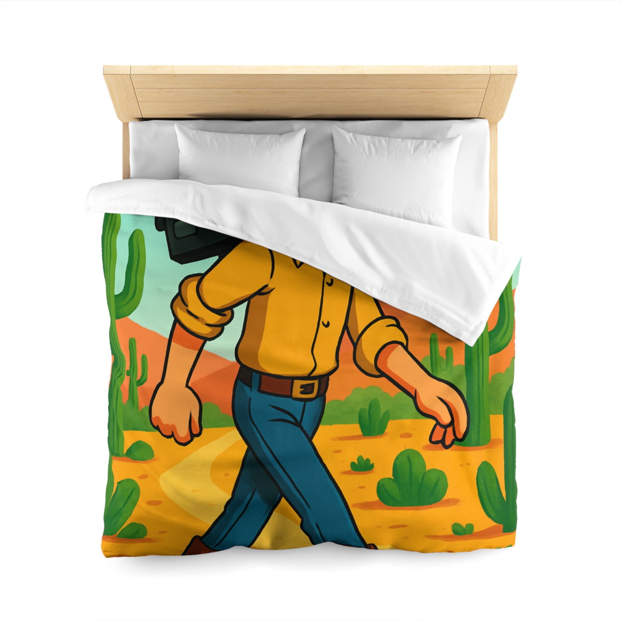 Housse de couette western cowboy dessin animé, désert cactus rétro style vibrant