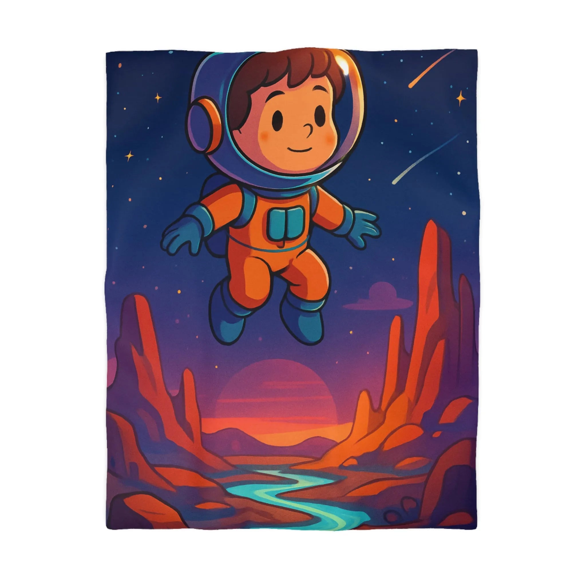 Housse de couette enfant explorateur espace, montagnes colorées, ciel étoilé, coucher de soleil