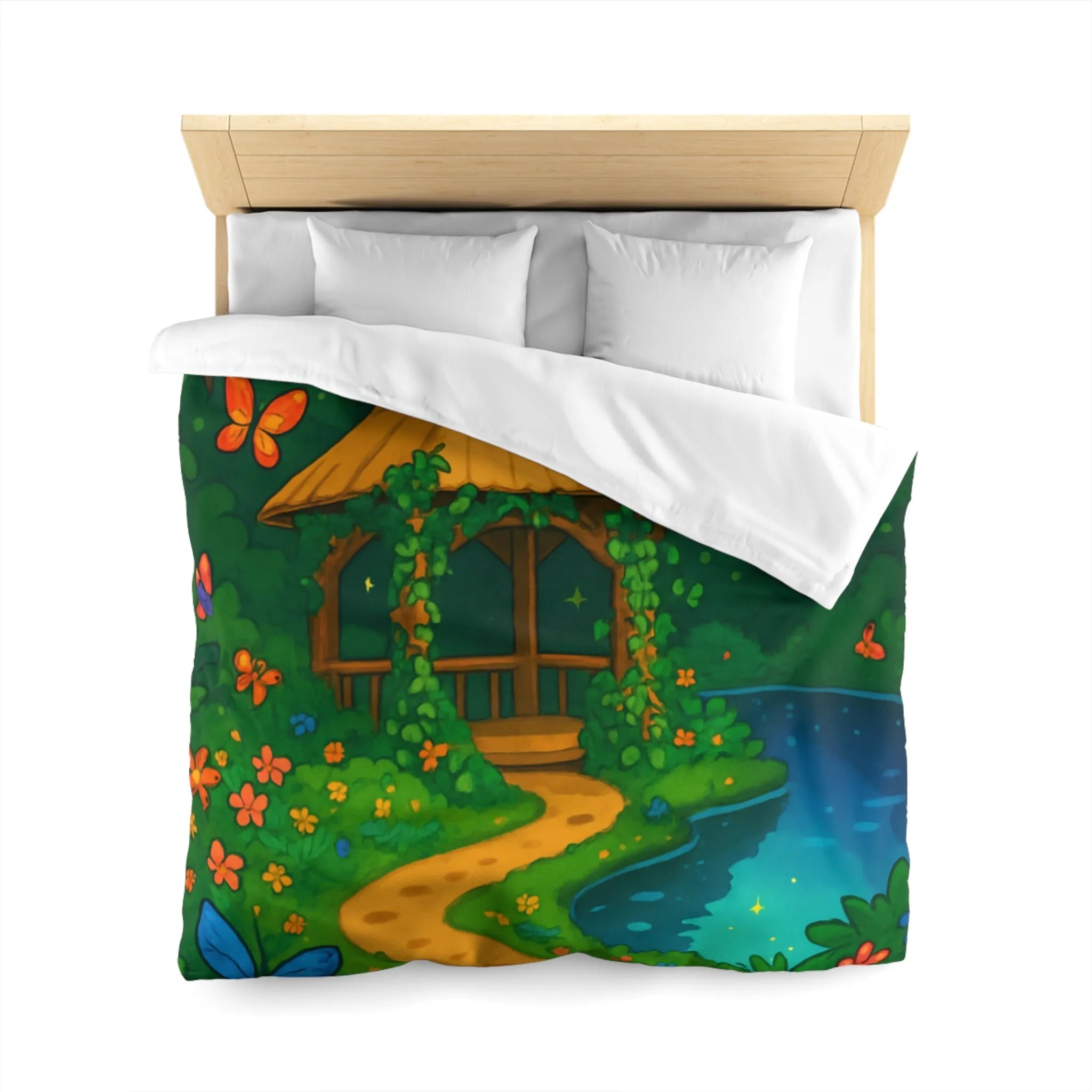 Housse de Couette Illustrée, Forêt Tropicale Nocturne avec Oiseaux et Papillons Colorés